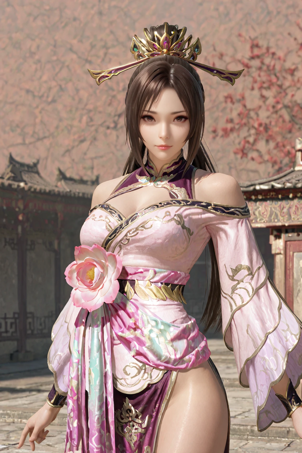 masterpiece, best quality, absurdres, realistic, looking at viewer, Leaping with arms extended to the sides, <lora:Diaochan_Dynasty_Warriors_IL:0.8> diaochan, 1girl, solo, long hair, brown hair, hair ornament, dress, flower,