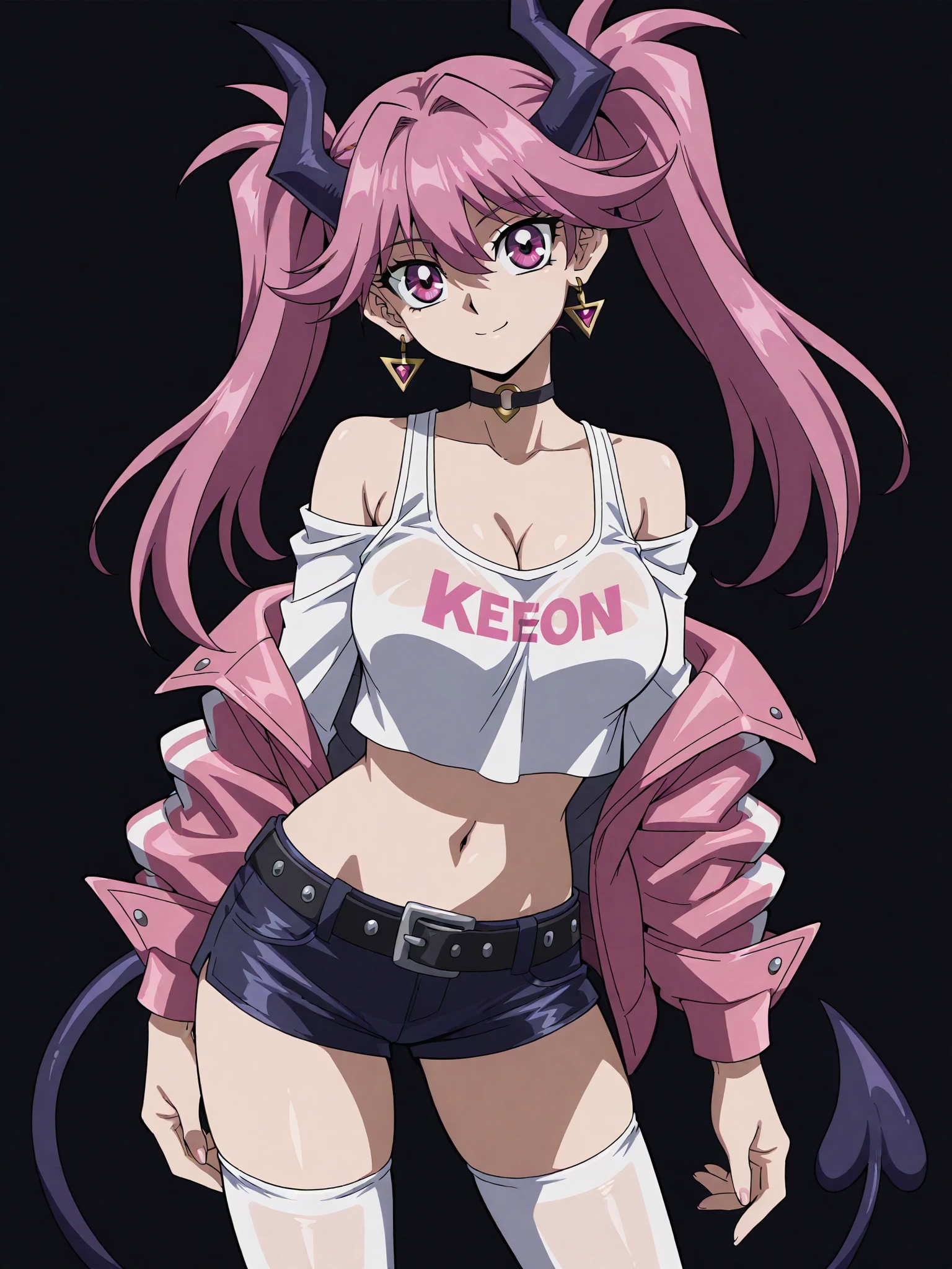 1girl, solo, breasts, tail, pink_hair, horns, demon_tail, shorts, jacket, twintails, large_breasts, smile, looking_at_viewer, long_hair, navel, choker, black_background, pink_eyes, short_shorts, belt, demon_girl, pink_jacket, demon_horns, simple_background, tank_top, open_jacket, cleavage, black_shorts, open_clothes, thighhighs, off_shoulder, bare_shoulders, closed_mouth, head_tilt, hair_between_eyes, cowboy_shot, jewelry, micro_shorts, collarbone, black_choker, white_thighhighs, crop_top, bangs, earrings, clothes_writing, shirt, midriff, standing, see-through, contrapposto, long_sleeves,
 <lora:Dark_Side_Of_Dimensions_Illustrious_X1_SD8:1>