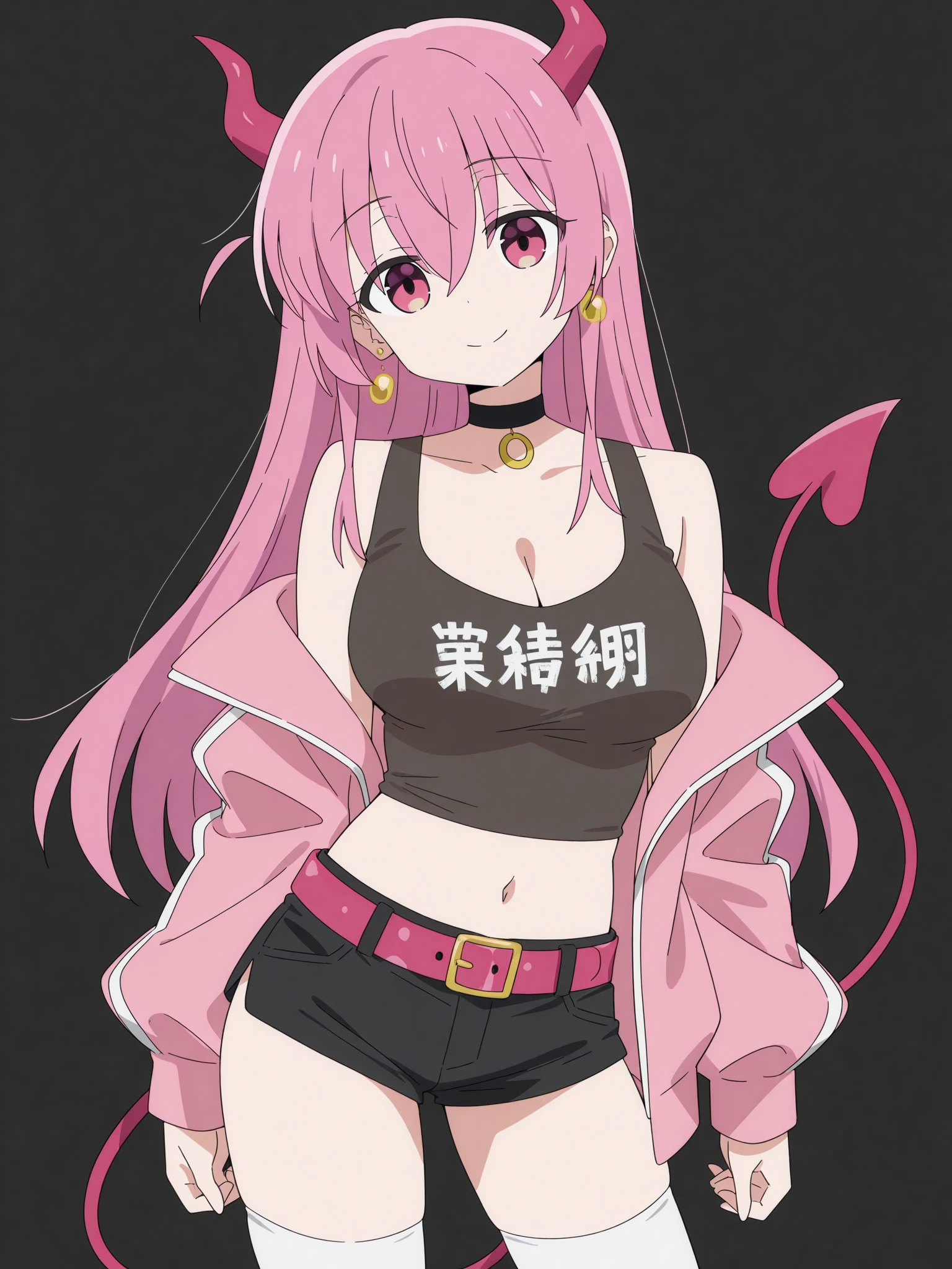 1girl, solo, , tail, pink_hair, horns, demon_tail, shorts, jacket, twintails, large_breasts, smile, looking_at_viewer, long_hair, navel, choker, black_background, pink_eyes, short_shorts, belt, demon_girl, pink_jacket, demon_horns, simple_background, tank_top, open_jacket, cleavage, black_shorts, open_clothes, thighhighs, off_shoulder, bare_shoulders, closed_mouth, head_tilt, hair_between_eyes, cowboy_shot, jewelry, micro_shorts, collarbone, black_choker, white_thighhighs, crop_top, bangs, earrings, clothes_writing, shirt, midriff, standing, see-through, contrapposto, long_sleeves,
<lora:Bocchi_The_Rock_Illustrious_SD8:1>