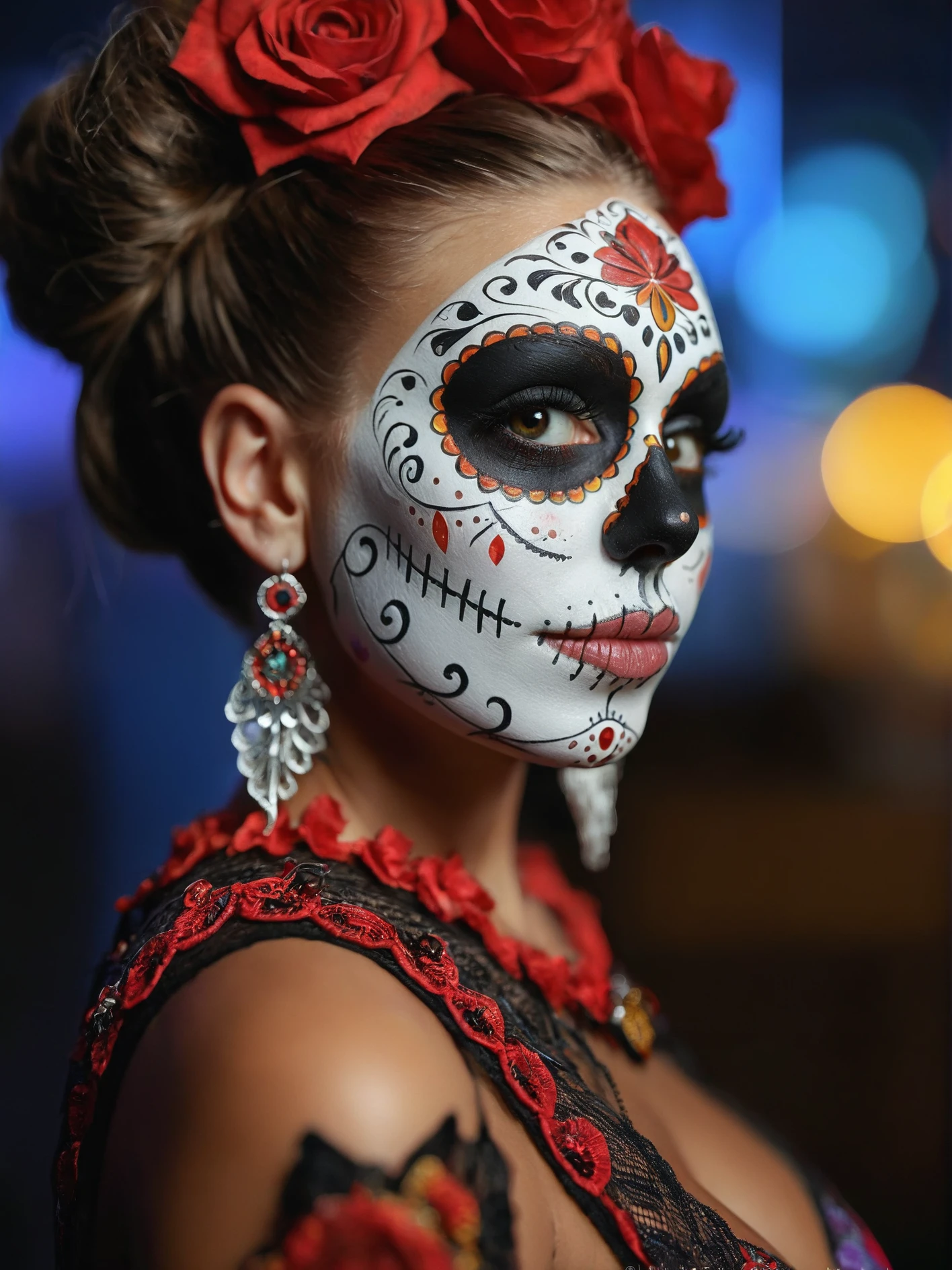 1girl, score_9, score_8_up, score_7_up, solo, photo \(medium\), santa muerte, casting a warm, (mexican, dark skin), giving it a luxurious, beautiful intricate face paint in the style of a sugar skull, brunette, updo hair, from side, and she has large, solo The image is a vibrant, with intricate, (warm colors:1.8), almost translucent white, colorful sugar skull makeup, breasts The image is a highly detailed, and she has striking, photorealistic, featuring intricate black designs around her eyes and a red, digital CGI artwork featuring a stylized, piercing gaze and her lips are painted a deep red, in orange and black. soft lighting, big thick plump lips, kissable lips, These designs include intricate patterns around her eyes, cinematic, kodak film, film grain, cinematic color grading, <lora:detailed_notrigger:1>, (shallow depth of field:1.2), (bokeh:1.3) 85mm f/1.2 lens <lora:CinematicStyle_v1:0.8> <lora:PerfectEyesXL:0.8> brown eyes, perfecteyes, detailed eyes, matching iris, natural skin texture