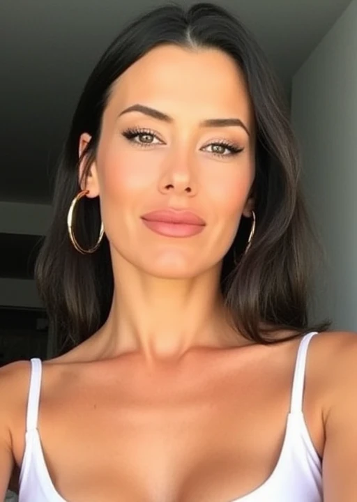 Brune jolie milf sexy qui pose avec un visage innocent cheveux onduler