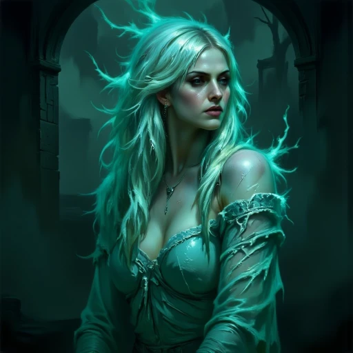 DFOP-V2.0 style oil painting that features a dark, moody, and ethereal style, featuring a hauntingly beautiful woman. The artwork is rendered in a digital medium, likely using software like Adobe Photoshop or Illustrator, with a focus on vibrant, glowing, and swirling effects. The woman has long, flowing hair that appears to be made of a glowing, ethereal substance, with colors shifting between various shades of teal and green, creating a mesmerizing, almost liquid-like texture.