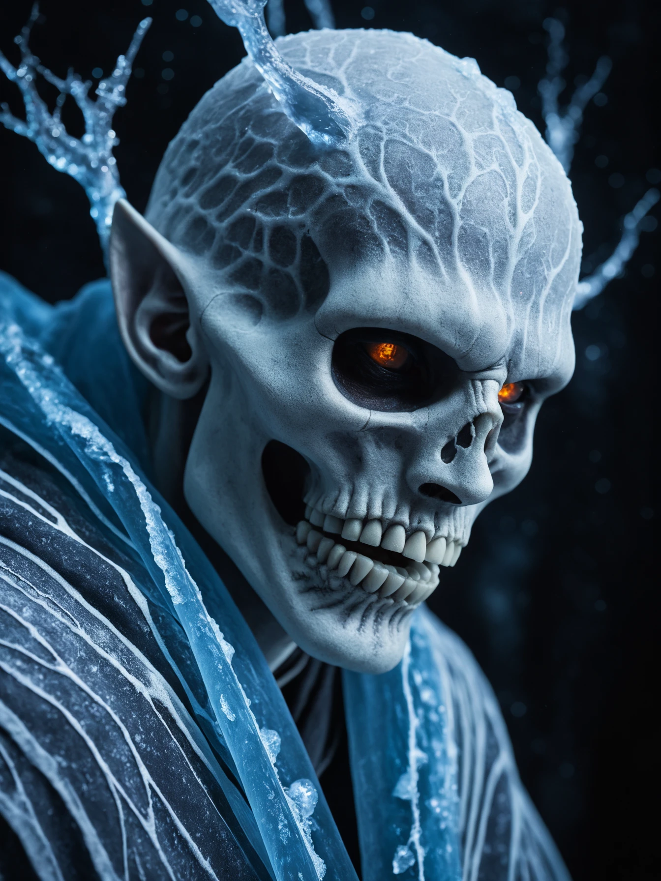 a photo, score_9, score_8_up, score_7_up, score_6_up, score_5_up, score_4_up, \(medium\), closeup portrait, A symmetric portrait of a male, evil frozen necromancer, features dissolving into frozen magic thin, luminescent blue lines. Weighted Voronoi stippling and laser caustics create a network, transitioning from hyperrealistic detail to abstract, quantum-inspired forms. Ethereal hues blend, evoking existential transition and mystery. Close-up on face, evil skull partially visible. Set against a twilight arctic backdrop, icy winds ripple through his tattered robes. Rendered in a fusion of photorealism and digital surrealism, the scene is illuminated by ghostly Northern Lights. Emphasis on cold, menacing atmosphere, invoking Nordic myths, dramatic, highly detailed, midjourneyv6.1 <lora:add-detail-xl:0.8> <lora:xl_more_art-full_v1:0.2>