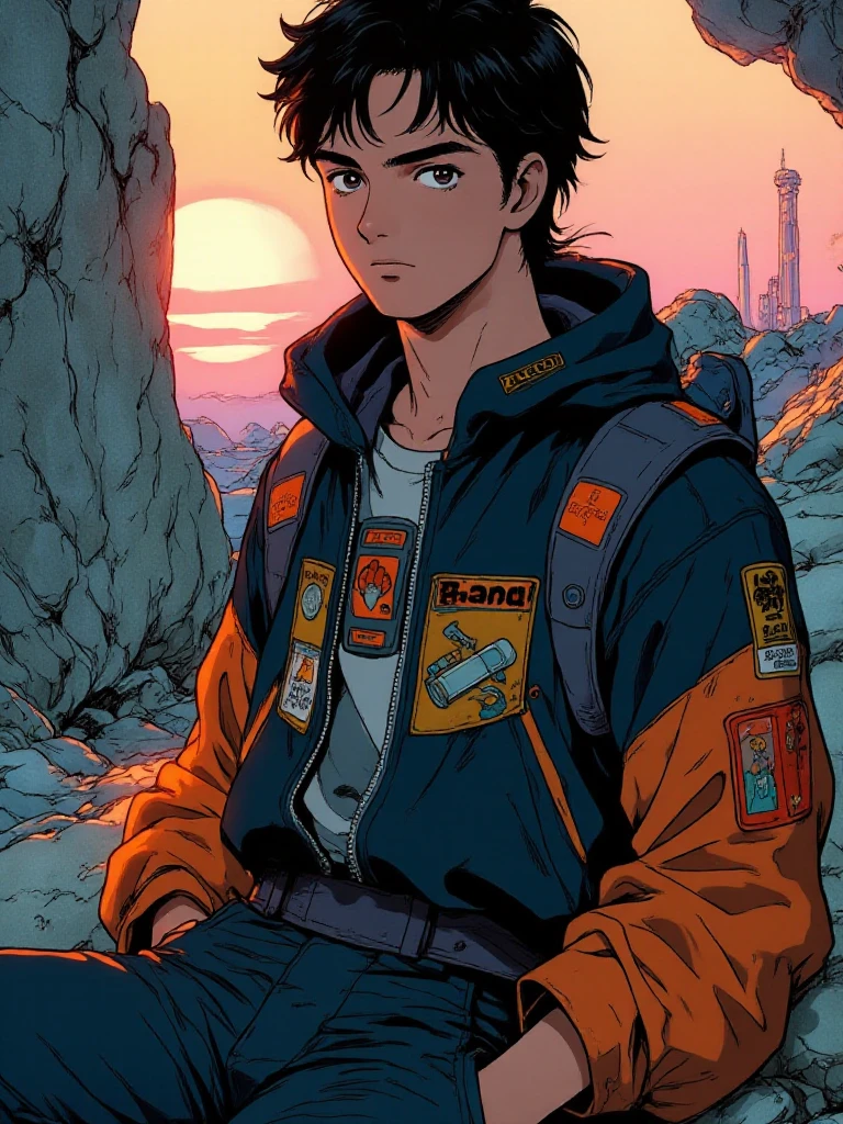 a man wearing a spacesuit in a cyberpunk scenery <lora:80sAnime:0.9> 80sanime