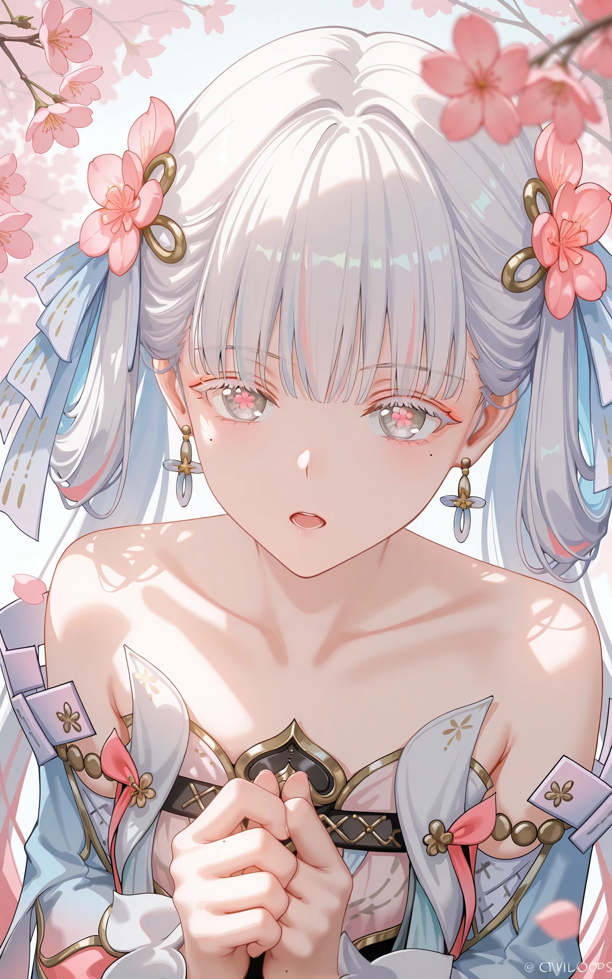 8k,best quality,masterpiece,(ultra-detailed),(high detailed skin),((artist:reoen),(artist:fuzichoco),(artist:atdan),(artist:torino_aqua),year 2024:0.8),[artist:wlop],[artist:ningen_mame],artist:ciloranko,[[artist:rhasta]],artist:tidsean,colorful,
jinhsi:TaoYaoZhuoZhuo\(wuthering waves\),1girl,solo,hair ornament,jewelry,flower,grey hair,mole under eye,peach blossom pupils,hair flower,mole,looking at viewer,multicolored hair,earrings,bare shoulders,virtual youtuber,pink hair,own hands together,long hair,cherry blossoms,dress,collarbone,braid,pink flower,open mouth,blush,grey eyes,upper body,petals,<lora:xl-ill-jinhsi_TYZZ(wuthering waves)v1-000010:1>,from_above,close-up,