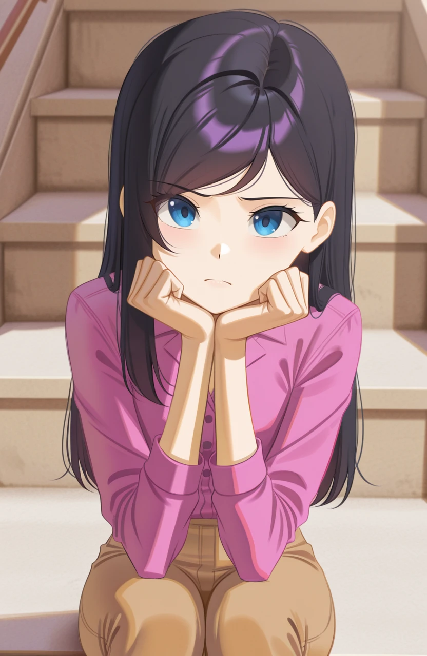 masterpiece, best quality, 1girl, solo,
<lora:Cailin020:1> cailin020,
sitting on stairs, hands resting on steps, looking at viewer, eye visible, detailed hands, medium shot, thoughtful expression, <lora:VioletParr_NAI:1> violet parr, pink shirt, brown pants