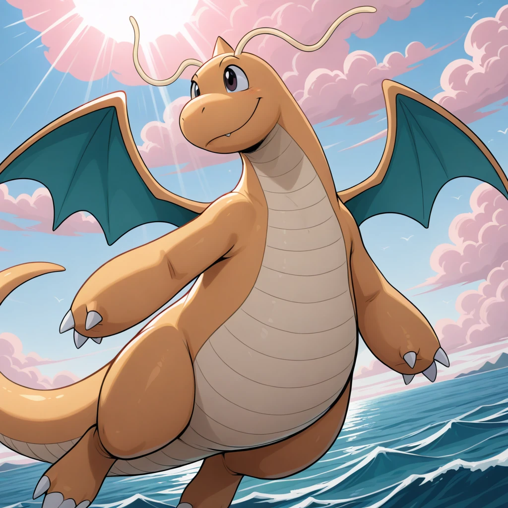 solo, pokemon \(creature\), cowboy shot, dragonite, flying, sky, couds, pink clouds, sunbeam, ocean, dynamic angle, masterpiece, best quality, high quality, absurdres, highres