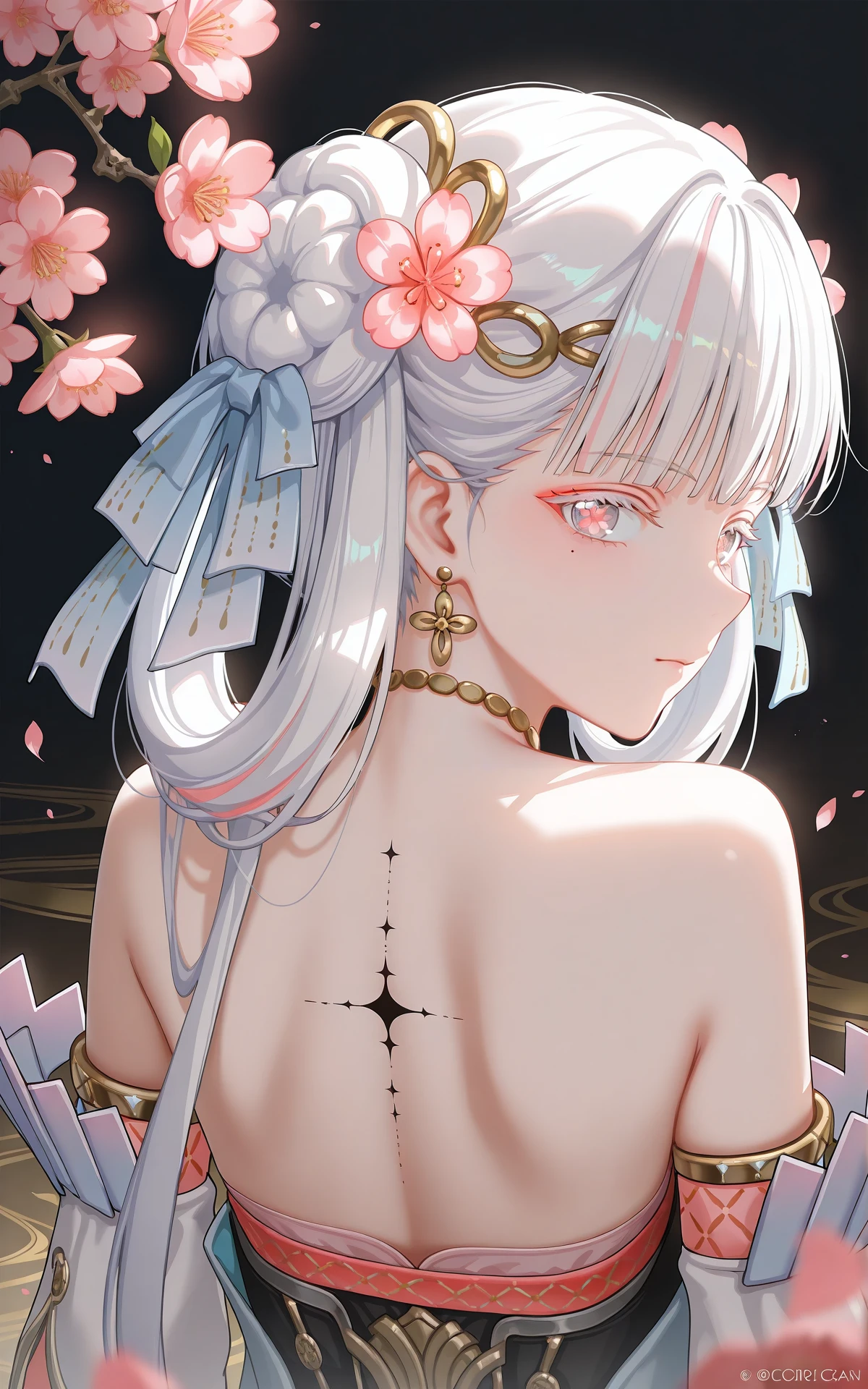 <lora:xl-ill-jinhsi_TYZZ(wuthering waves)v1-000010:1>,8k,best quality,masterpiece,(ultra-detailed),(high detailed skin),((artist:reoen),(artist:fuzichoco),(artist:atdan),(artist:torino_aqua),year 2024:0.8),[artist:wlop],[artist:ningen_mame],artist:ciloranko,[[artist:rhasta]],artist:tidsean,colorful,
jinhsi:TaoYaoZhuoZhuo\(wuthering waves\),1girl,solo,streaked hair,hair ornament,peach blossom pupils,multicolored hair,looking at viewer,flower,virtual youtuber,detached sleeves,from behind,hair flower,looking back,bare shoulders,long hair,back,eyeshadow,makeup,back focus,mole,jewelry,hair bun,mole under eye,pink hair,grey hair,black background,closed mouth,sitting,back tattoo,bare back,earrings,japanese clothes,white hair,eyeliner,blush,backless outfit,red eyeshadow,pink flower,tattoo,