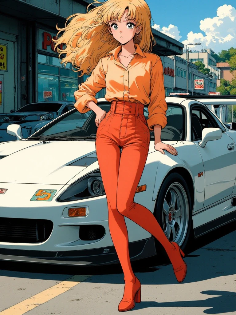 a blond woman with long hair and wearing a buttondown shirt and tight jeand and higheels is posing in front of a sportcar <lora:80sAnime:0.9> 80sanime