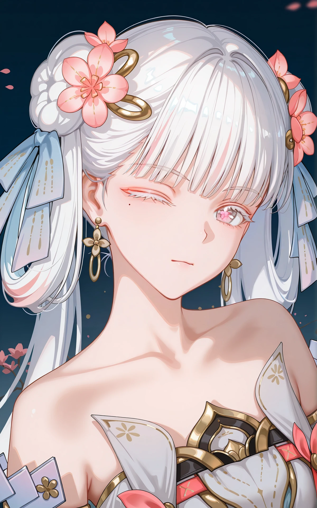 <lora:xl-ill-jinhsi_TYZZ(wuthering waves)v1-000010:1>,8k,best quality,masterpiece,(ultra-detailed),(high detailed skin),((artist:reoen),(artist:fuzichoco),(artist:atdan),(artist:torino_aqua),year 2024:0.8),[artist:wlop],[artist:ningen_mame],artist:ciloranko,[[artist:rhasta]],artist:tidsean,colorful,
jinhsi:TaoYaoZhuoZhuo\(wuthering waves\),1girl,solo,one eye closed,peach blossom pupils,double bun,mole under eye,hair bun,mole,jewelry,hair ornament,earrings,portrait,flower,white hair,long hair,ribbon,looking at viewer,hair flower,hair ribbon,closed mouth,glowing,virtual youtuber,collarbonea,