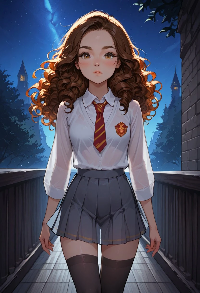 score_9, score_8_up, score_7_up, dynamic view, eye_focus, solo, looking_at_viewer,
( Hermione Granger,
1girl, solo, brown hair, long hair, brown eyes, curly hair, small breasts,
gryffindor uniform, gryffindor emblem, hogwarts school uniform, cardigan, collared shirt, pleated grey skirt, Red with Yellow diagonal stripes tie, Black Tights, Black Knee High Socks),
global illumination, ray tracing, (see-through silhouette:1.5), backlighting,moonlight,night sky, outdoors, balcony, blue light, ,masterpiece,best quality,amazing quality,