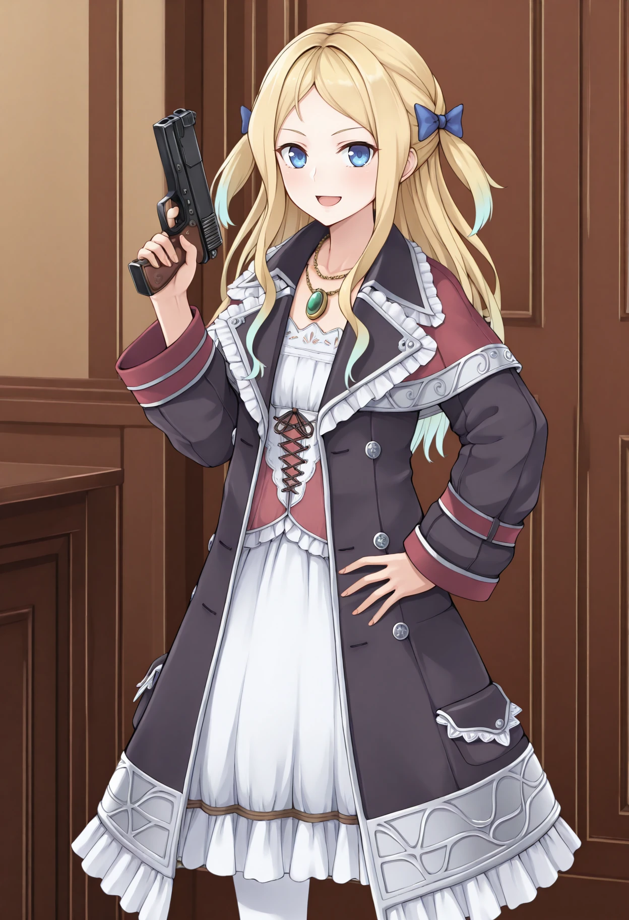 highres, best quality, masterpiece, indoors,
1girl, solo, atcuderia, long hair, blonde hair, hair bow, two-side up, blue bow,
acudrdef, necklace, white dress, red corset, black coat, open coat, white pantyhose,
looking at viewer, blush, smile, open mouth,
standing, holding handgun, hand up, hand on own hip,
<lora:_cuderia_atelier-elesico-il10:1>