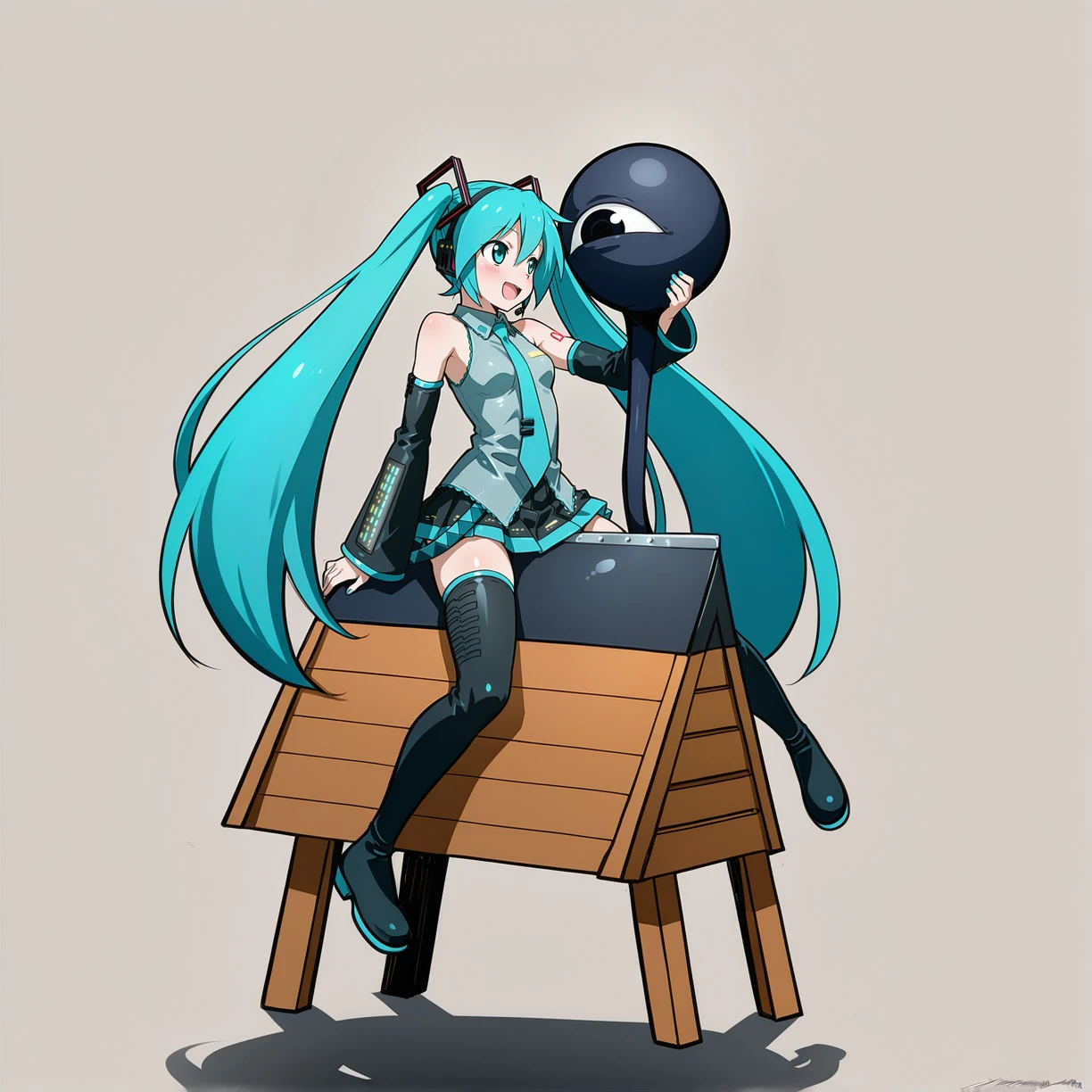 masterpiece,best quality,
simple background,
<lora:kuromaru-V2-IL:1>,kuromaru,monster,themed object,1others,
1girl,hatsune miku,
black wooden horse,