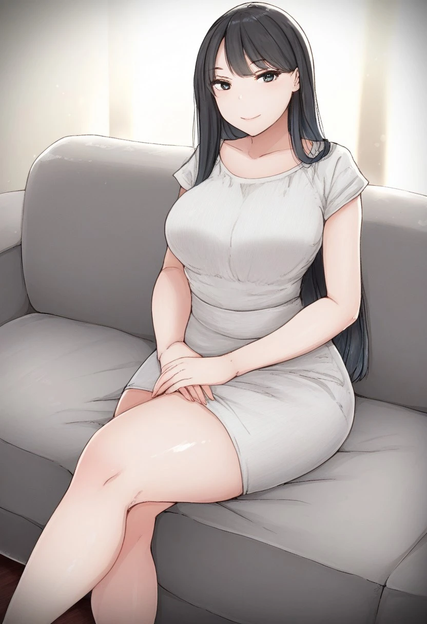 (masterpiece:1.5), (best quality:1.5), 1girl, solo, (amazing quality:1.4), good lighting, cinematic lighting, warm atmosphere, fit, black eyes, silky long hair, black hair, breasts, confident smile, sitting gracefully on a plush couch, legs crossed, black hair flowing naturally, hands resting on lap, subtle curves, form-fitting outfit, sophisticated yet alluring pose, smiling, shiny dress, sfw, safe for work, 
Uricotake
