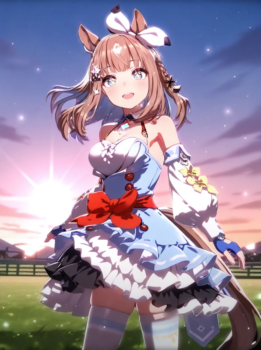masterpiece, best quality, absurdres,ultra detailed,floating hair,
almond eye\(umamusume\), 1girl, horse ears, horse tail, blue fingerless gloves, detached puffy long sleeves, white thighhighs, bare shoulders, smile, cowboy shot,
light blue off-shoulder backless dress, detached collar, waist red bow, white hair ribbon, hairclip, symbol-shaped pupils
open mouth, big smile,
looking at viewer,
open mouth, big smile,
outdoors,sky, sun, (light particles:1.3),on grass,
<lora:ILL_almond_eye_ver0.1:1.0>