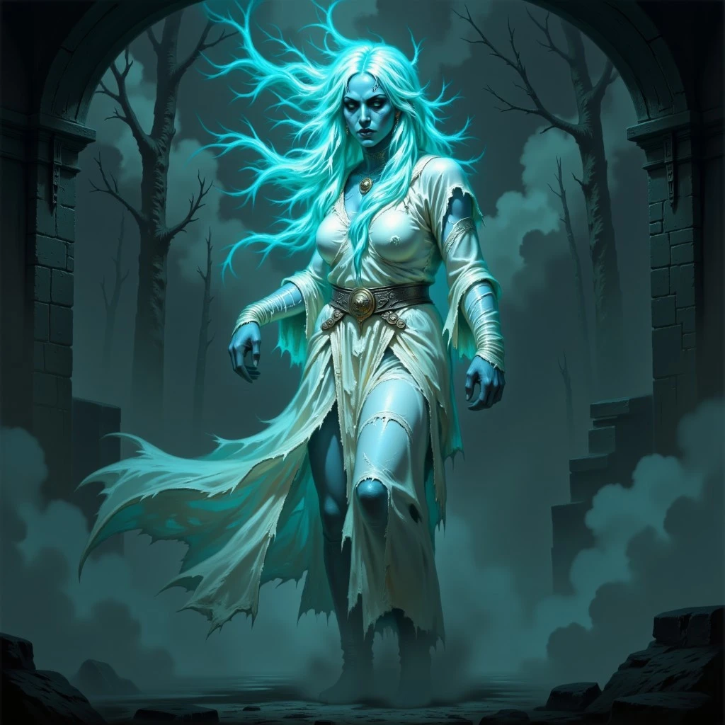 DFOP-V2.0 style oil painting that features a dark, moody, and ethereal style, featuring a hauntingly beautiful ghost woman. With a focus on vibrant, glowing, and swirling effects. The woman has long, flowing hair that appears to be made of a glowing, ethereal substance, with colors shifting between various shades of teal and green, creating a mesmerizing, almost liquid-like texture. Her skin is cold, light blue, giving her ghostly appereance, she is wearing a long, white, torn and ragged dress that covers her entire body and flows in thedirection of blowing wind with it multiple ragged pieces