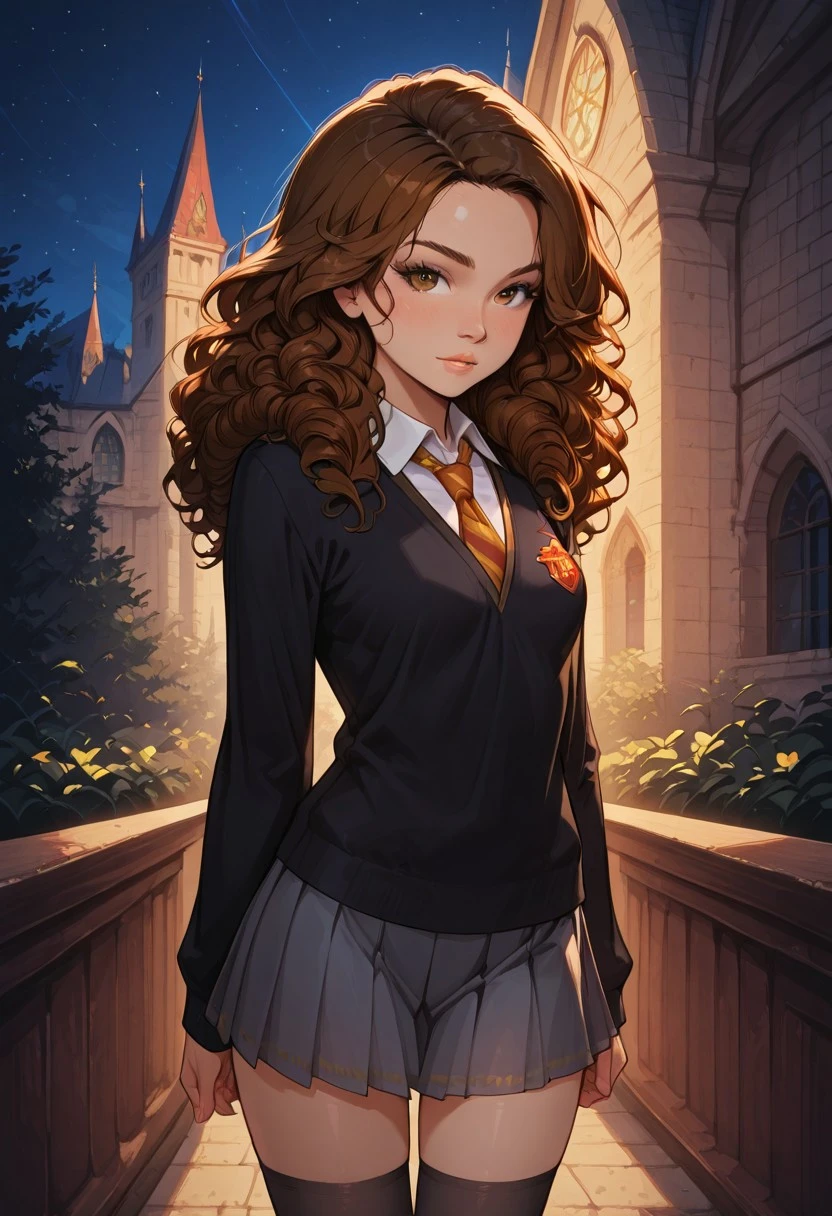score_9, score_8_up, score_7_up, dynamic view, eye_focus, solo, looking_at_viewer,
( Hermione Granger,
1girl, solo, brown hair, long hair, brown eyes, curly hair, small breasts,
gryffindor uniform, gryffindor emblem, hogwarts school uniform, cardigan, collared shirt, pleated grey skirt, Red with Yellow diagonal stripes tie, Black Tights, Black Knee High Socks),
global illumination, ray tracing, (see-through silhouette:1.5), backlighting,moonlight,night sky, outdoors, balcony, blue light, ,masterpiece,best quality,amazing quality,
