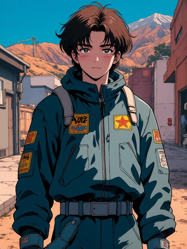 a man wearing a spacesuit in a cyberpunk scenery <lora:80sAnime:0.9> 80sanime