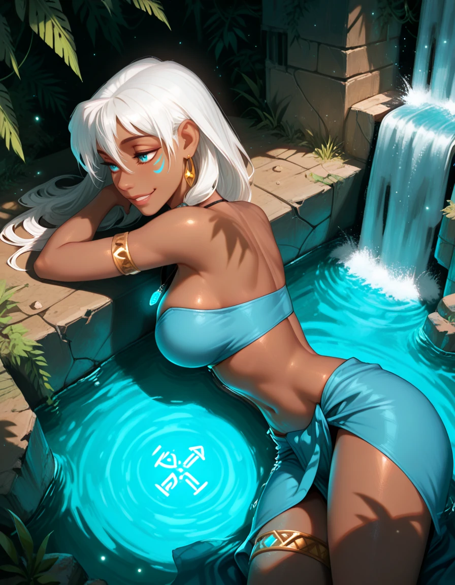 Masterpiece, top quality anime illustration, super detailed, one girl, solo focus, beautiful girl with silver hair cat ears, anime , cat eared , thigh emphasis, god Bastet, bathing in desert oasis, wet sheer