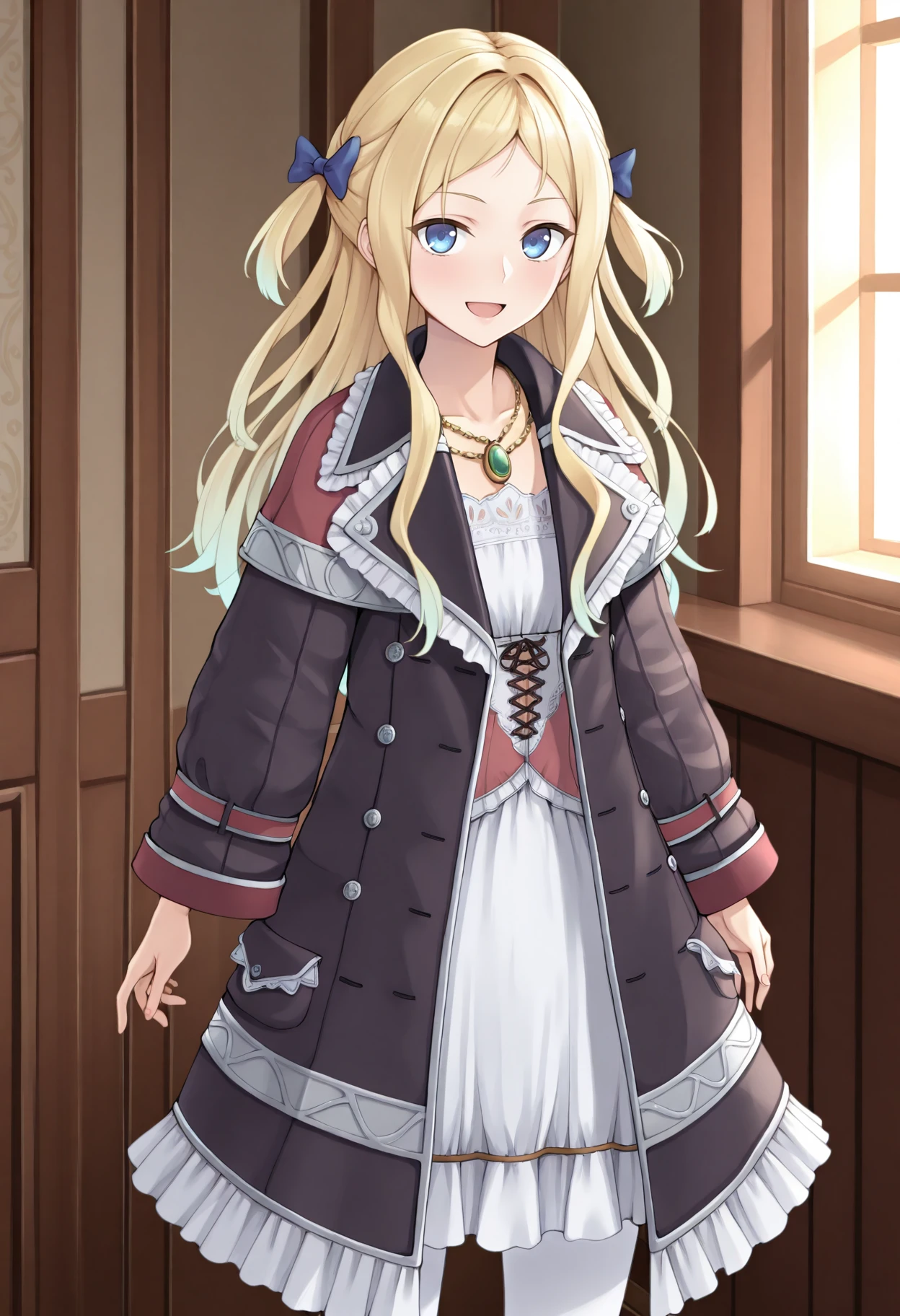 highres, best quality, masterpiece, indoors,
1girl, solo, atcuderia, long hair, blonde hair, hair bow, two-side up, blue bow,
acudrdef, necklace, white dress, red corset, black coat, open coat, white pantyhose,
looking at viewer, blush, smile, open mouth,
standing,
<lora:_cuderia_atelier-elesico-il10:1>