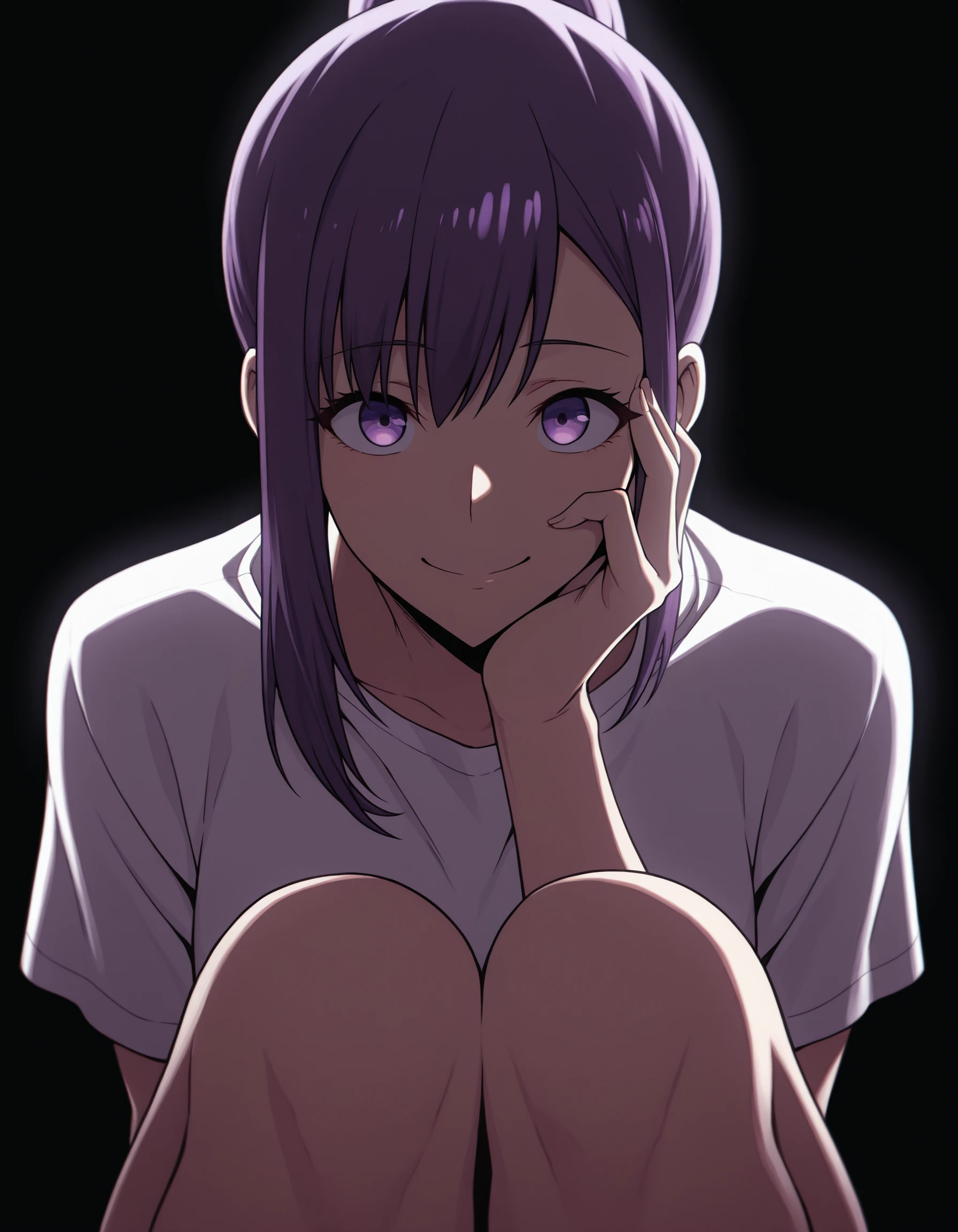 <lora:Jin Ah Illu:1> 1girl, solo,
jin-ah, purple eyes, purple hair, ponytail, sidelocks,
sitting, knees up, white tshirt, upper body,
straight-on, hand on own cheek, smile, dark room,, masterpiece, best quality, amazing quality, simple background, black background,