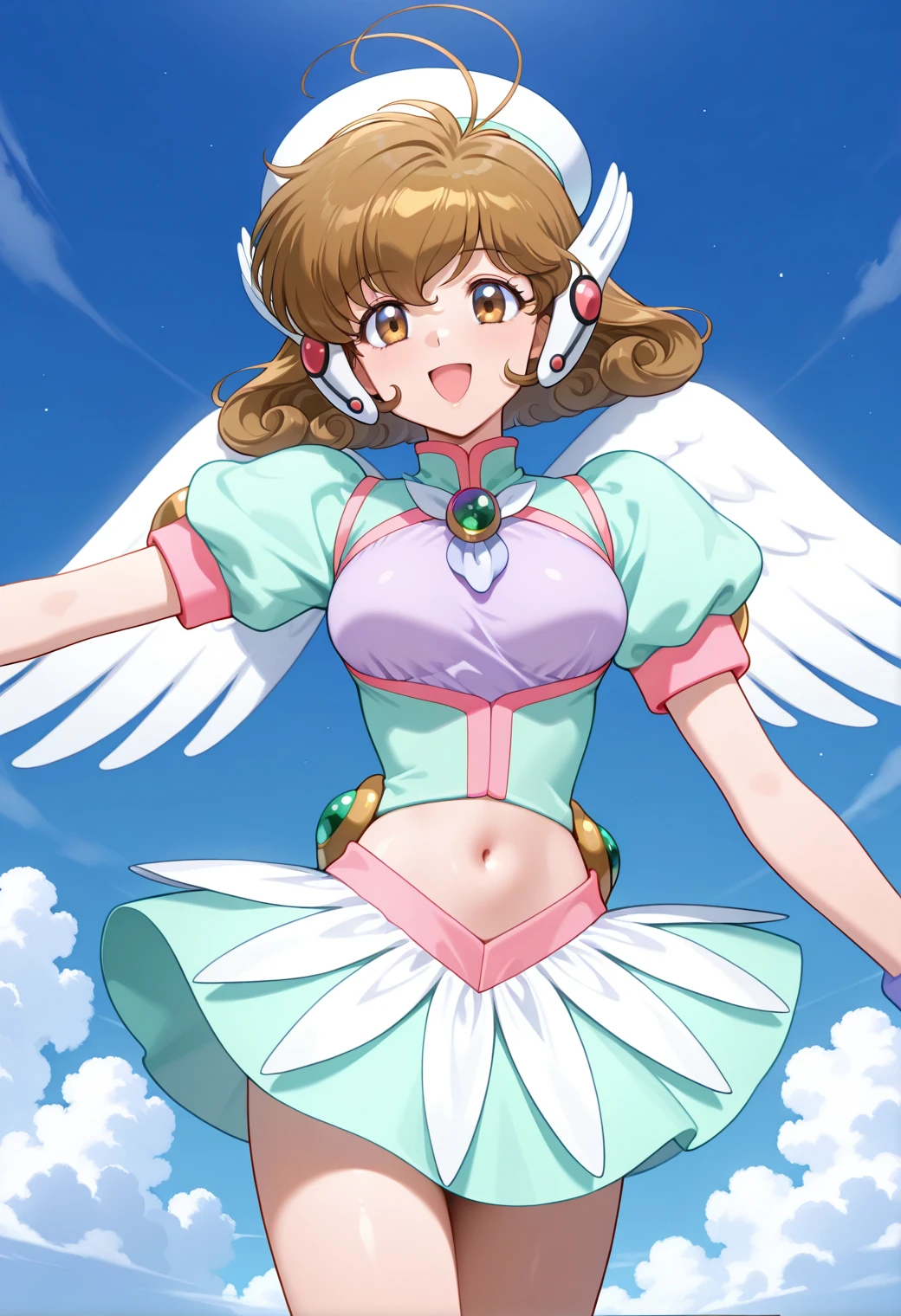 masterpiece, best quality, very aesthetic, absurdres, 1girl, solo,
<lora:corrector_yui_angel_v01:1>, corrector_yui, angel_element_suit, brown hair, short hair, antenna hair, curly hair, breasts,
hat, dress, puffy short sleeves, brooch, angel wings, navel, miniskirt, smile, open mouth, posing
