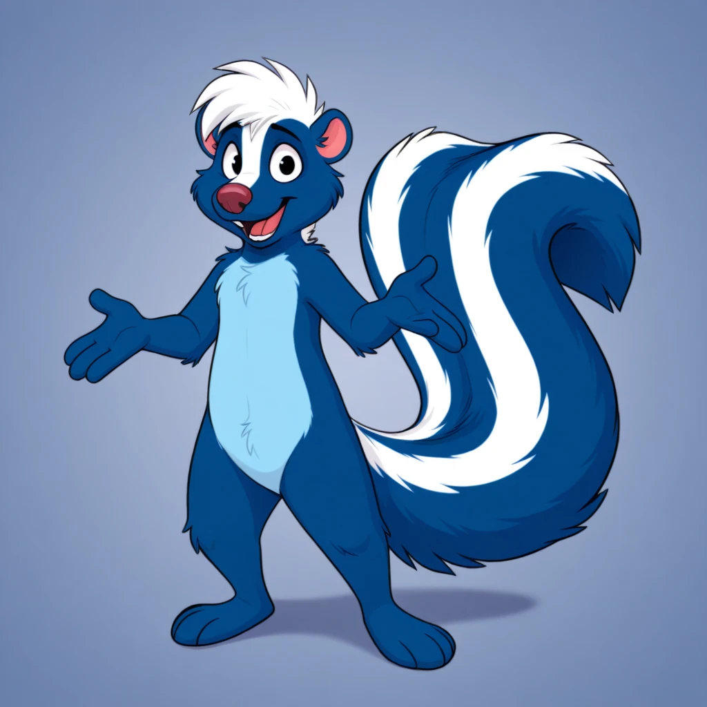 solo, full body, skunk, blue body, blue fur, anthro, male, looking at viewer, open mouth, featureless crotch, 4 fingers, digital media \(artwork\)