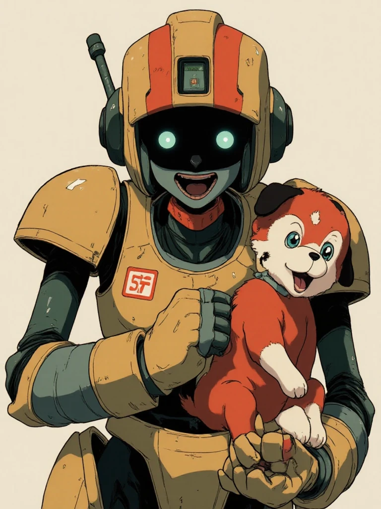 a robot holding a puppy <lora:80sAnime:0.9> 80sanime