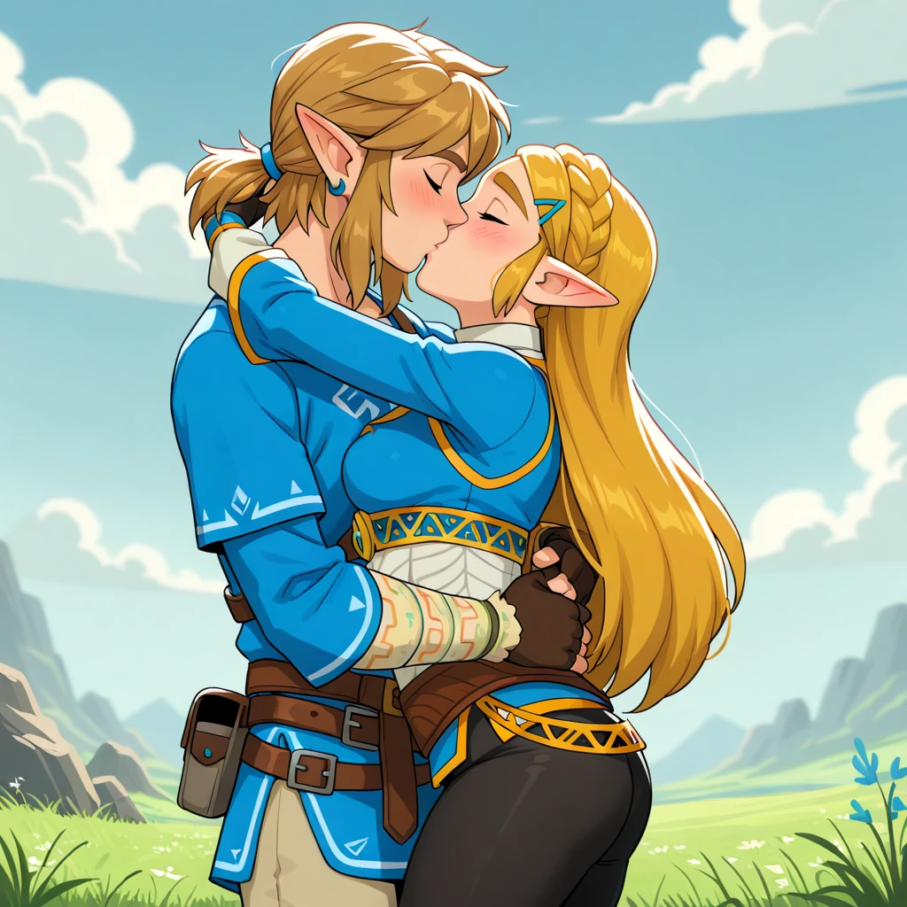 score_9, score_8_up, score_7_up, shaded BREAK 1futanari and 1girl, futanari Riju having sex with Zelda, red hair, green eyes, tan, long hair, hair ornament, blonde hair, green eyes, white skin, long hair, v-shaped eyebrows, smug, looking at viewer, topless, bottomless, fully naked, fully nude, futanari, penis, precum, bulge, girl's hand stroking penis, bodies touching, large breasts, huge breasts, round full breasts, super thin waist, heart shaped hips, kissing, Riju's penis penetrating Zelda's vagina, Zelda straddling Riju while being penetrated, sexual intercourse, sensual scene, outdoors, sunset, balcony