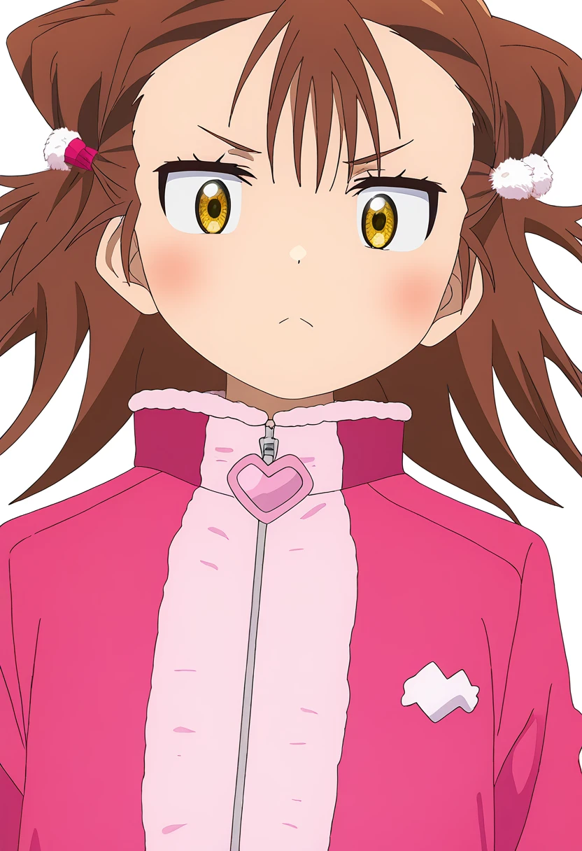 <lora:Ryouka_MIKETA:1>,Ryouka_MIKETA,1girl,solo,brown hair,yellow eyes,looking at viewer,frown,pink jacket,upper body,v-shaped eyebrows,hair ornament,closed mouth,blush,simple background,white background,short hair,cone hair bun,medium hair,zipper,double bun