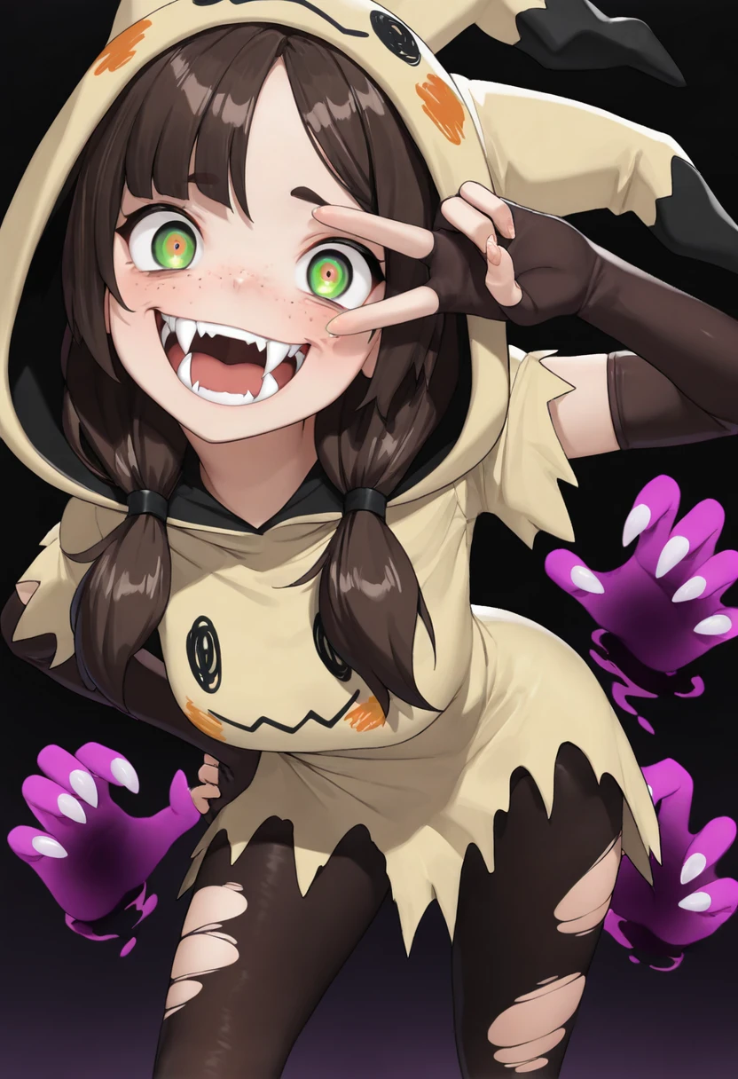 masterpiece, best quality, amazing quality, very aesthetic, high resolution, ultra-detailed, absurdres,
1girl, green eyes, dark-brown hair, freckles, asymmetrical bangs, low-twintails, mimikyu_cosplay, personification, hood up, short sleeves, torn clothes, leggings, fingerless elbow gloves,(large fangs:1.2), (crazy eyes:1.2), evil grin, head tilt, contrapposto, hand on hip, v over eye, leaning forward, (purple shadow hands), (shadow hands), darkness, looking at viewer, from below, close-up,very aesthetic, absurdres, hyper-detailed, 8k uhd, absolutely eye-catching, ambient occlusion, raytracing,