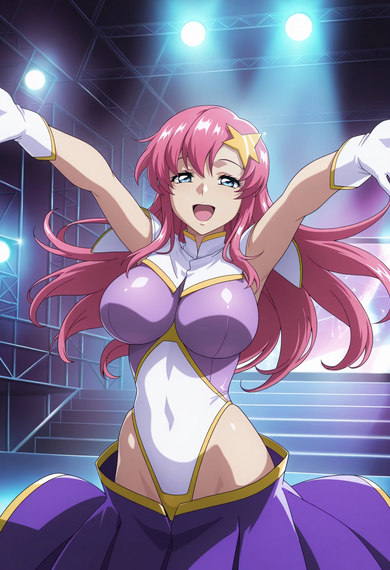 1girl,solo,mm,mature female,pink hair,long hair,star hair ornament,blue eyes,large breasts,anime coloring,
purple leotard,white leotard,skirt,highleg,gloves,outstretched arms, open mouth, looking at viewer, smile,stage lights, stage, 
,masterpiece,best quality,amazing quality,<lora:Meer_Campbell-Gundam_SEED_Destiny:0.8>