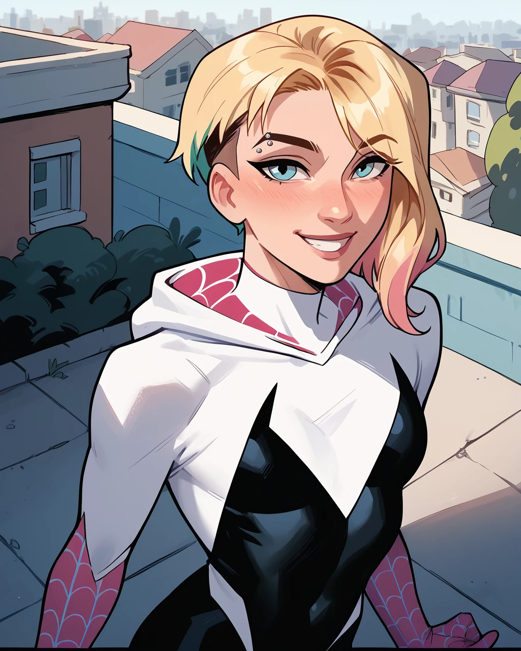 score_9, score_8_up, score_7_up, score_6_up, masterpiece, best quality, zPDXL3, zPDXLxxx, <lora:Kris_Anka_Style:1> krisanka, <lora:GwenStacyXL:0.8> gwenstacy, blonde hair, blue eyes, asymmetrical hair, eyebrow piercing, hooded bodysuit, spider web print, multicolored hair, rooftop, smile, looking at viewer,