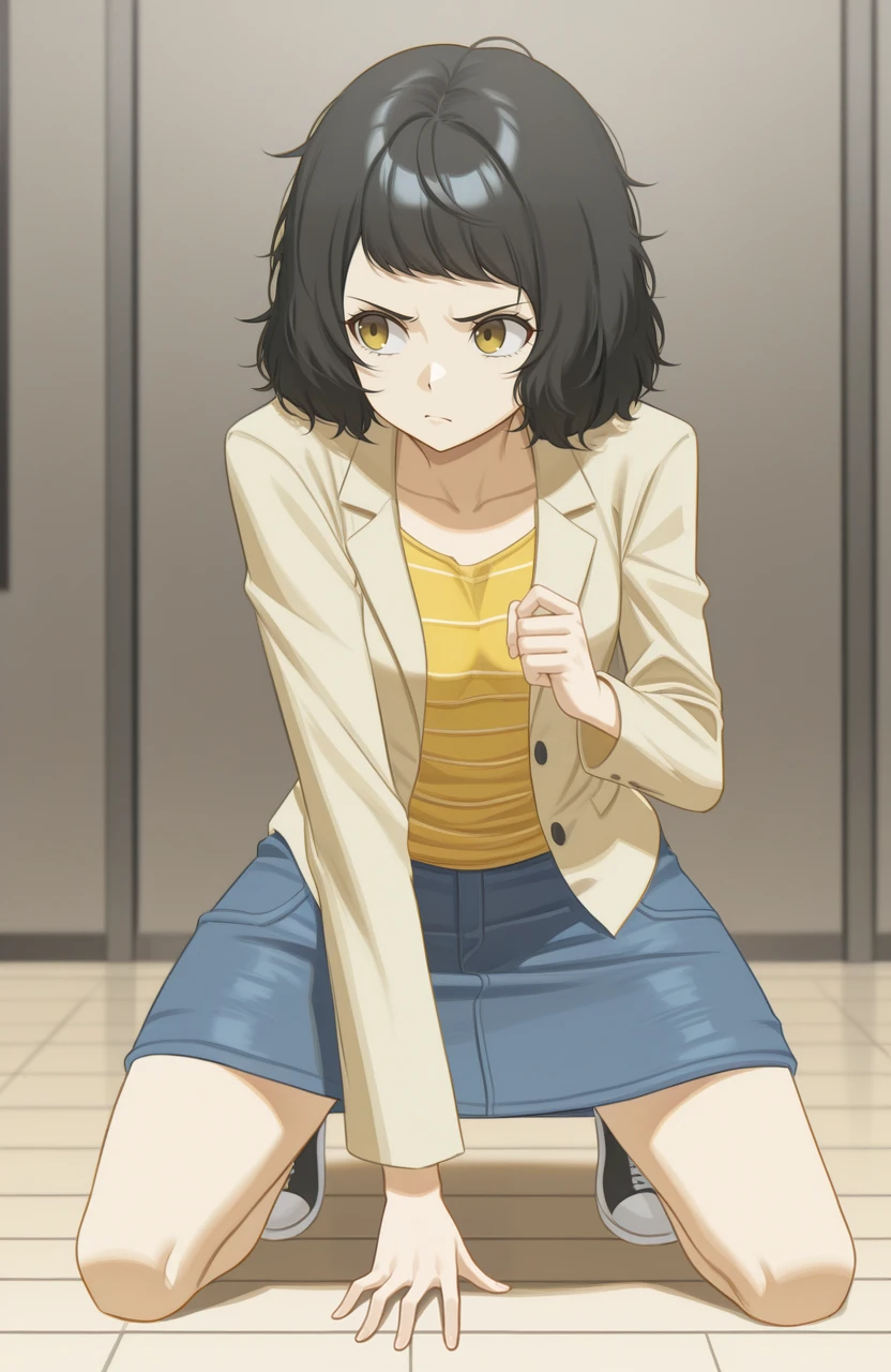 masterpiece, best quality, 1girl, solo,
<lora:Cailin020:1> cailin020,
kneeling, one hand on ground, one hand raised, looking forward, eye visible, detailed hands, dynamic pose, determined expression, <lora:p5kawakami-ill:1> p5kawakami, black hair, short hair, p5kawakami-reg, striped yellow shirt, untucked shirt, long sleeves, knee length skirt, denim skirt, p5kawakami-reg, striped yellow shirt, untucked shirt, long sleeves, knee length skirt, denim skirt, beige jacket