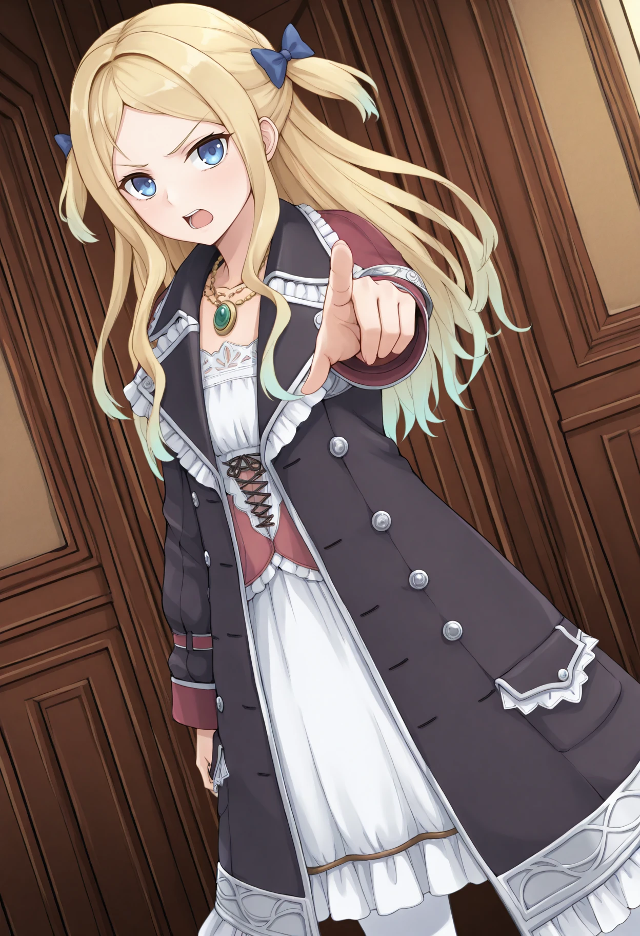 highres, best quality, masterpiece, indoors,
1girl, solo, atcuderia, long hair, blonde hair, hair bow, two-side up, blue bow,
acudrdef, necklace, white dress, red corset, black coat, open coat, white pantyhose,
looking at viewer, blush, serious,
standing, pointing at viewer, open mouth,
dutch angle, motion lines,
<lora:_cuderia_atelier-elesico-il10:1>