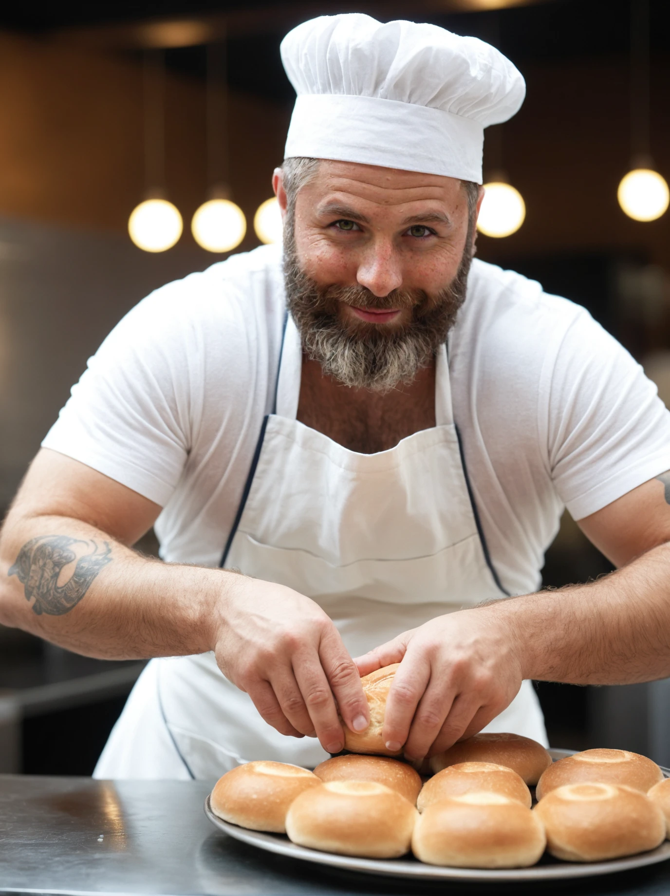 Source_photo, score_9, score_8_up, solo, photo \(medium\), cinematic film still, reflections, dreamy, soft focus, 1man, (45yo), (large, hairy overweight rugged man, middle aged, wearing an apron, working as a baker, tattoos). Wearing a hairnet and a friendly smile, short beard, he expertly crafts rows of fresh loaves of bread. His charm and natural charisma never falter, even as he balances trays of rolls and buns. His friends and family love to drop by for a sweet treat, just to catch a glimpse of their local celebrity baker. RAW photo, detailed photo, gorgeous, shallow depth of field, bokeh, (surreal:0.4), hyper detailed photorealistic life-like accurate proportional 8k sharp focus, (accurate cinematic lighting), photorealistic detail, (selective focus:0.6)