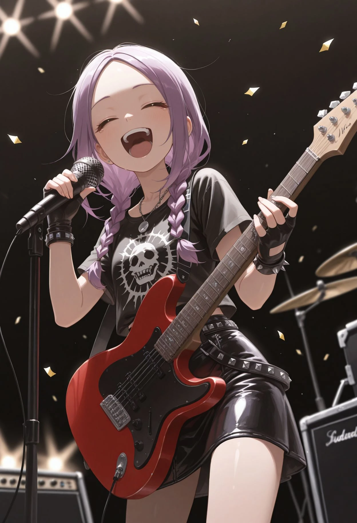 masterpiece,amazing quality,best quality,ultra-detailed,8K,illustration, amazing quality,
, looking at viewer, smile, <lora:Yaotome Urushi:1> 1girl, purple hair, long hair, brown eyes, twin braids, parted bangs,
, looking at viewer, depth of field,blurry background,bokeh, holding instrument, music, microphone stand, electric guitar, fingerless gloves, black shirt, playing instrument, official alternate costume, jewelry, singing, open mouth, black background, necklace, punk leather skirt, confetti, live concert, rock music, metal music, headbanging, holding microphone, closed eyes, screaming, spot light,
