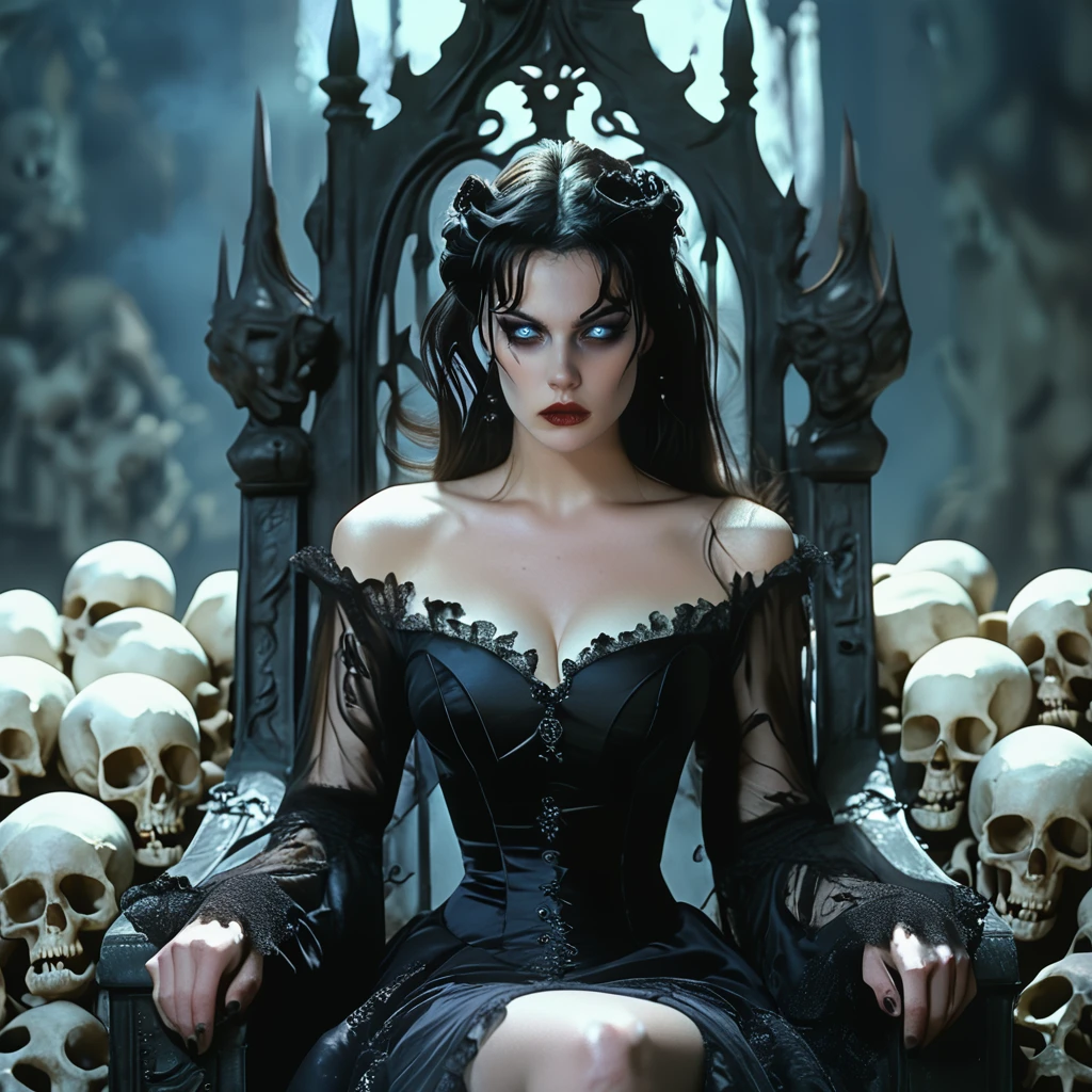 Score_9, score_8_up, score_7_up, score_6_up, BREAK    <lora:GothicDarkFantasyMoviePony:1> ArsMovieStill, Gothic Dark Fantasy movie still, The image is a portrait of a woman sitting on a throne-like chair with multiple skulls on either side. The woman is wearing a black strapless dress with a deep V-neckline and long sleeves. She has long dark hair styled in loose waves and is wearing dramatic makeup with dark eyeliner and red lipstick. Her makeup is dramatic with dark eyeshadow and red lips. The background is dark and eerie with a hint of smoke and fog. The overall mood of the image is mysterious and eerie., 1girl, black hair, breasts, glowing eyes, blue eyes, dress, skull, glowing, sitting, throne