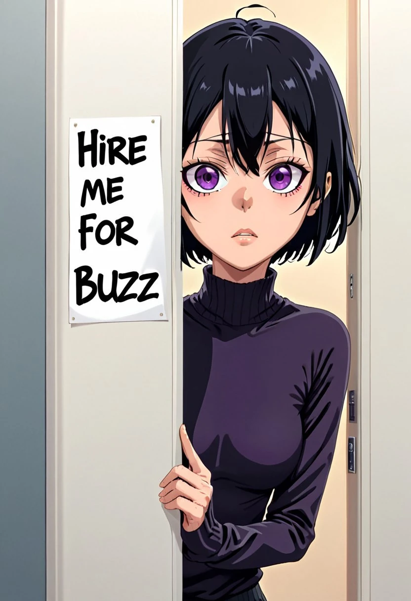 softnai3style, 1girl, rukia kuchiki, rukia, black hair, hair between eyes, purple eyes, short hair, thighs, petite breasts, petite, toned stomach, thick thighs, nice ass, lips, black leggings, textured leggings, black sports bra, exposed stomach, toned stomach, facing viewer, holding a sign saying Hire me for buzz,
Behind the door, peeking out, upper body, hiding behind door,