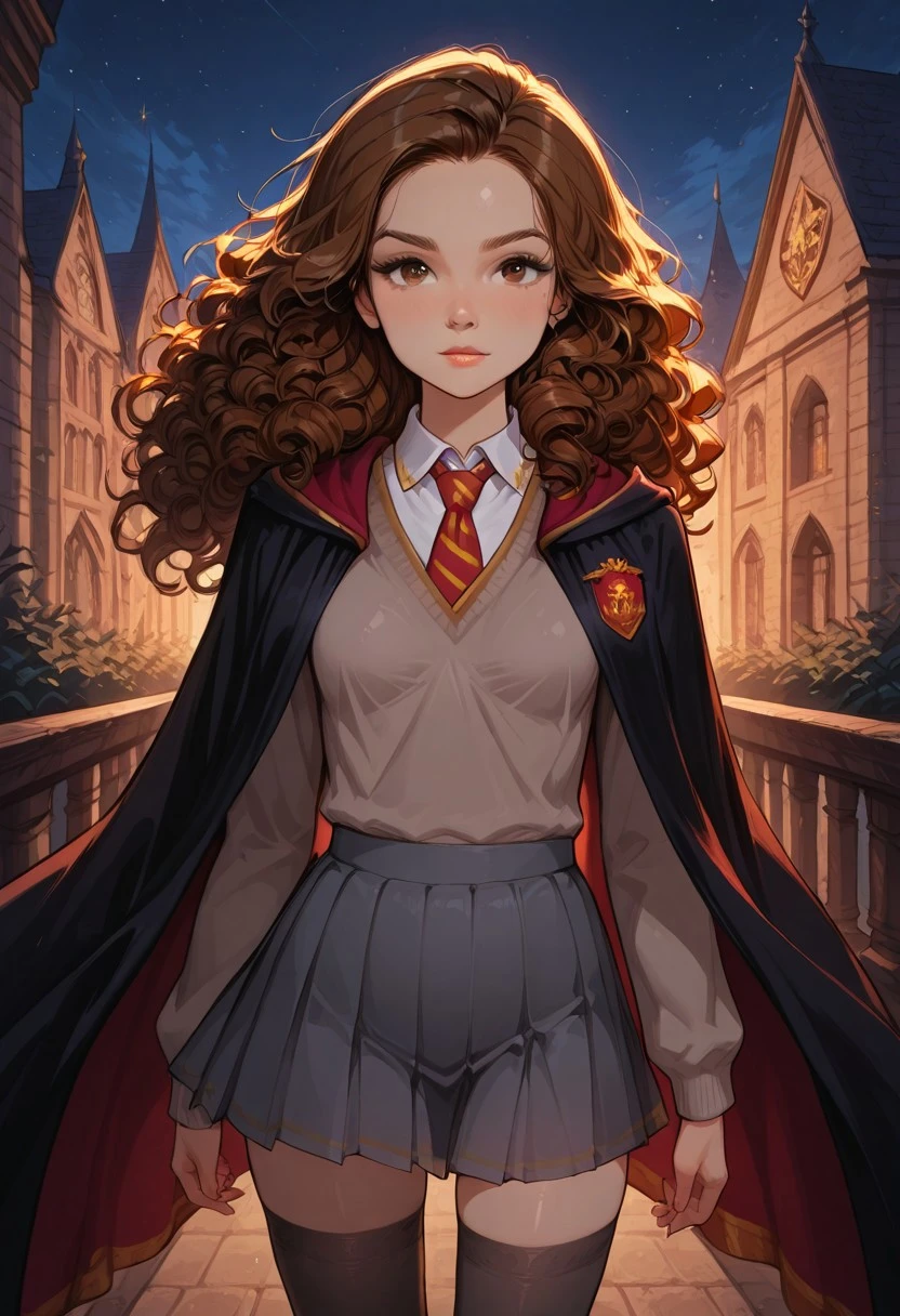 score_9, score_8_up, score_7_up, dynamic view, eye_focus, solo, looking_at_viewer,
( Hermione Granger,
1girl, solo, brown hair, long hair, brown eyes, curly hair, small breasts,
gryffindor uniform, gryffindor emblem, hogwarts school uniform, cardigan, collared shirt, pleated grey skirt, Red with Yellow diagonal stripes tie, Black Tights, Black Knee High Socks),
global illumination, ray tracing, (see-through silhouette:1.5), backlighting,moonlight,night sky, outdoors, balcony, blue light, ,masterpiece,best quality,amazing quality,
