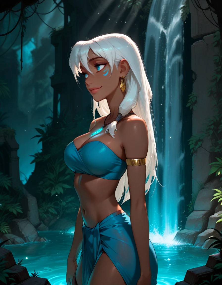 masterpiece, best quality, 1girl, solo, absurdres,
large breasts,
keetadg,
long hair, white hair, blue eyes, dark-skinned female,
loincloth, necklace, earrings, sarong,
smile,
waterfall, runes, science fiction, ruins,
turning around with a glance over the shoulder, subtle smile, , from side ,
glowing, light particles,
blurry background,
embedding:SmoothQuality,