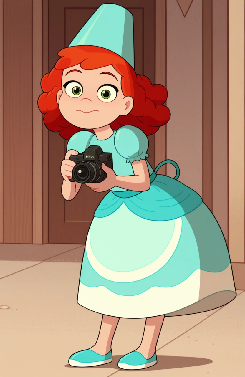masterpiece, best quality, 1girl, solo,
<lora:Gwen2016:1> gwen2016, orange hair, green eyes, holding camera, one hand holding, one hand adjusting, looking at viewer, eye visible, detailed hands, medium shot, focused expression,
curly hair, aqua dress, aqua headwear, aqua flats, puffy short sleeves, aqua hennin