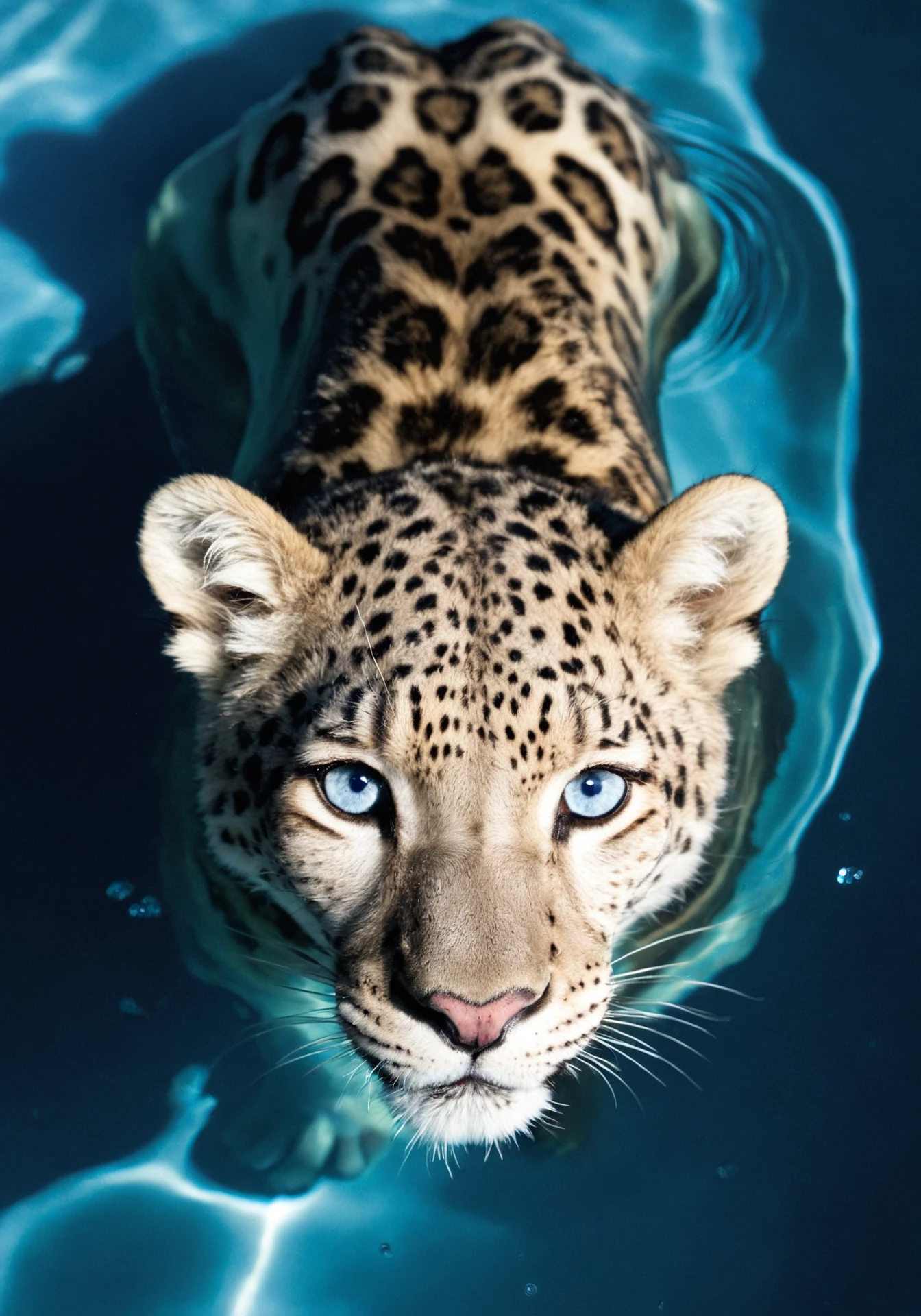 score_9, score_8_up, score_7_up, solo, photo, \(medium\) A majestic snow leopard with piercing icy blue eyes partially submerged in crystal-clear water, with only its head visible above the surface. The water gently ripples around its face, creating a soft splash effect. The leopard's fur is wet and slightly matted, glistening under a soft, bright light that creates a high-contrast, minimalist look. The background is clean and light, almost white, with a faint gradient to emphasize the serene, cold atmosphere