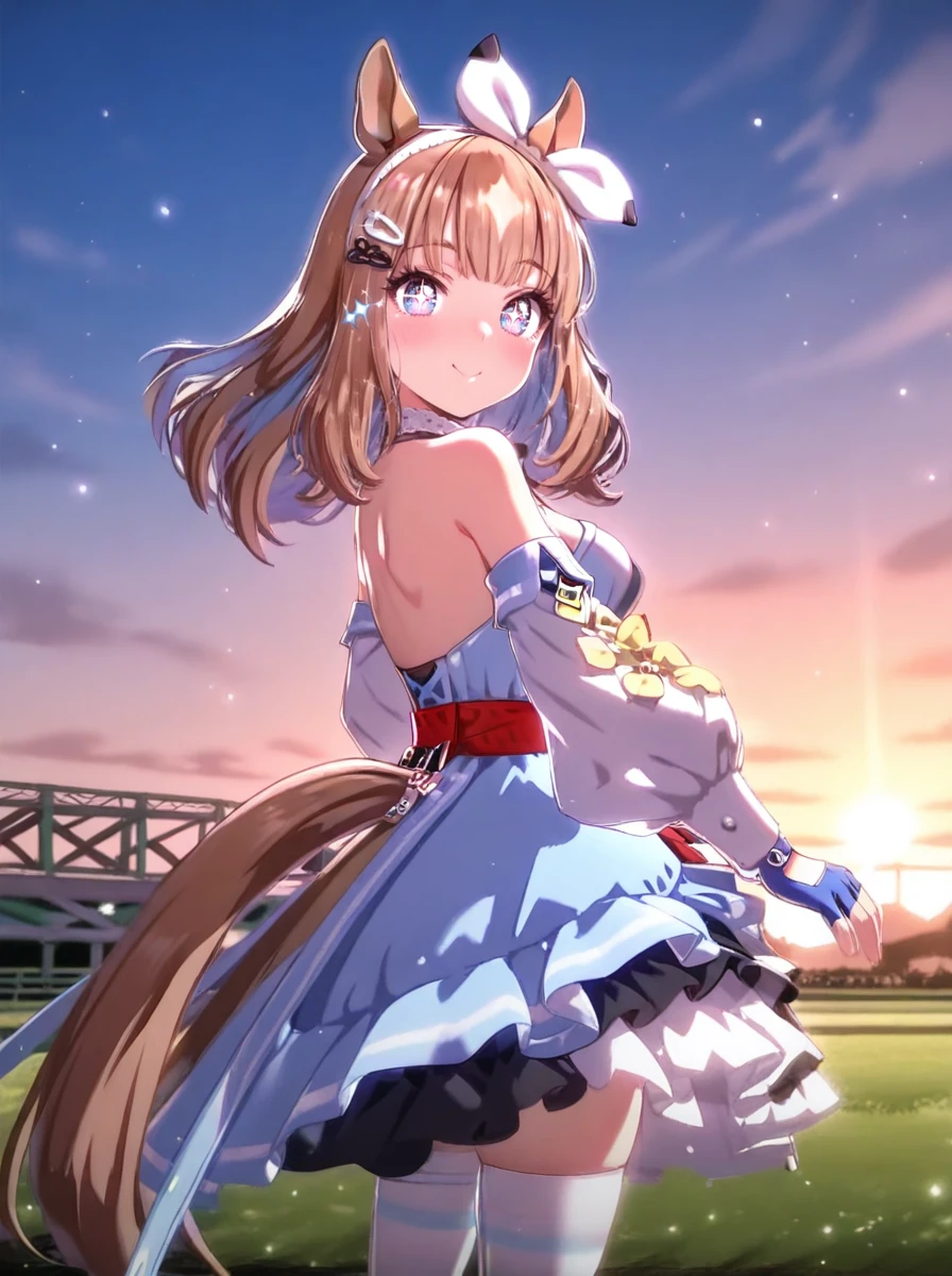 masterpiece, best quality, absurdres,ultra detailed,floating hair,
almond eye\(umamusume\), 1girl, horse ears, horse tail, blue fingerless gloves, detached puffy long sleeves, white thighhighs, bare shoulders, smile, cowboy shot,
light blue off-shoulder backless dress, detached collar, waist red bow, white hair ribbon, hairclip, symbol-shaped pupils
open mouth, big smile,from behind, back
looking at viewer,
open mouth, big smile,
outdoors,sky, sun, (light particles:1.3),on grass,
<lora:ILL_almond_eye_ver0.1:1.0>