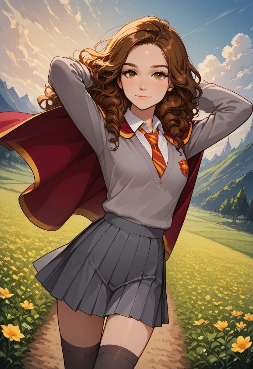 score_9, score_8_up, score_7_up, dynamic view, eye_focus, solo, looking_at_viewer,
( Hermione Granger,
1girl, solo, brown hair, long hair, brown eyes, curly hair, small breasts,
gryffindor uniform, gryffindor emblem, hogwarts school uniform, cardigan, collared shirt, pleated grey skirt, Red with Yellow diagonal stripes tie, Black Tights, Black Knee High Socks),
flower field, outdoors, arms behind head, cowboy shot, cleavage, flower, cloudy sky, scenery, landscape, looking ahead, dutch angle, light smile, closed mouth