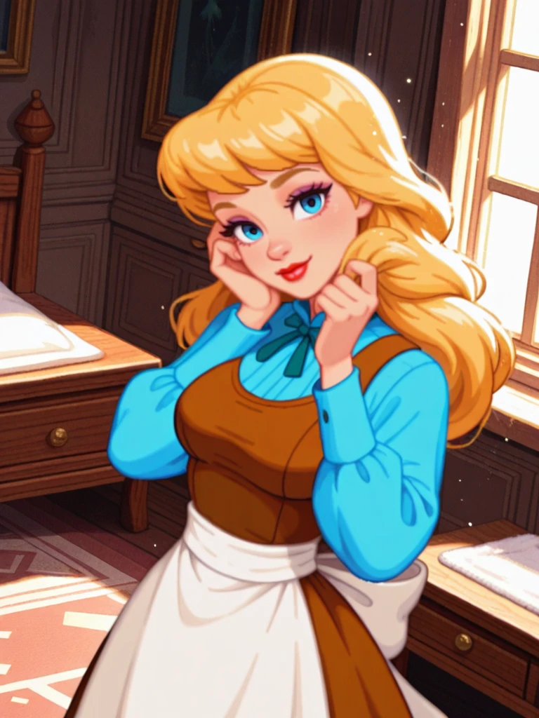 highres, hi res, best quality, masterpiece, cute,
1girl, medium breasts, (CinderellaXL:1.1), blonde hair, long hair, bow, blue eyes, makeup, red lips, brown dress, waist apron, long sleeves, blue shirt,
light smile, dutch angle, sexy pose, happy, looking at viewer, indoors, bedroom, cleaning rag, light particles, daylight, portrait, dynamic pose, cowboy shot, head tilt, one hand on own cheek, one hand on hair, magic particles, from above,
<lora:Cinderella-IL:0.85>, <lora:dnfstyle-IL:0.85> ,dnfstyle,pixel art,,