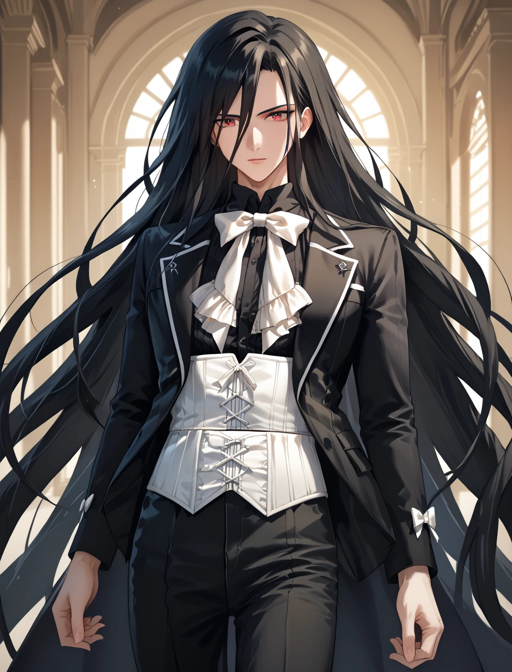 score_9, score_8_up, score_7_up, score_6_up, score_5_up, score_4_up BREAK, ouji fashion, 1boy, izuru, black jacket, black shirt, white vest, neckbow, black pants, white corset, very long hair, black hair, red eyes, (masterpiece, best quality, high quality, highres, ultra-detailed, top quality, official art), anime style, rating_safe