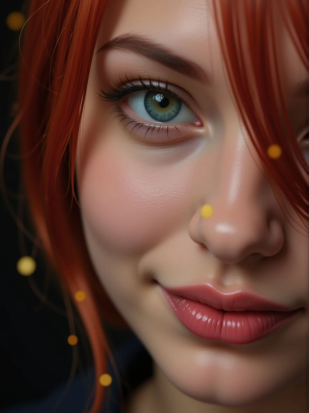 Sharp image, 4K, close-up shot of a young woman eye. Smiling, lips. Eyeliner. There is a black wall behind her and magical floating particles., <lora:Woomy_6_Flux:1.2> green eye, full lips, redhaired,