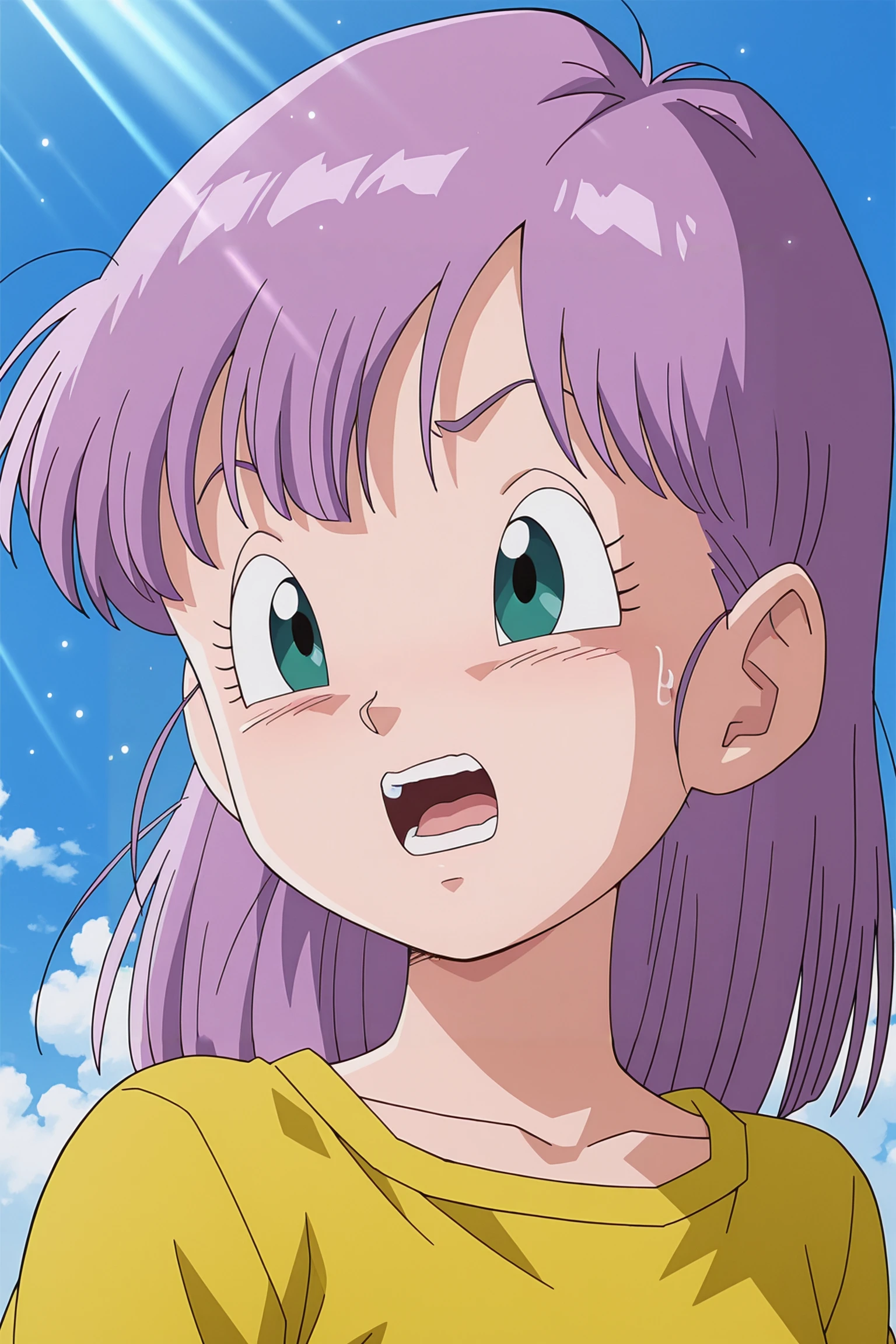 anime screencap, masterpiece, best quality, amazing quality, very aesthetic, absurdres,  newest, (scenery, volumetric lighting), dappled sunlight, light particles, light rays, 
bulma, path to power, shirt and joggers outfit, official style, 1girl, solo, open mouth, green eyes, collarbone, upper body, purple hair, sky, day, teeth, cloud, sweatdrop, blue sky, blue background, yellow shirt
 <lora:Bulma_IL_v3:0.8>