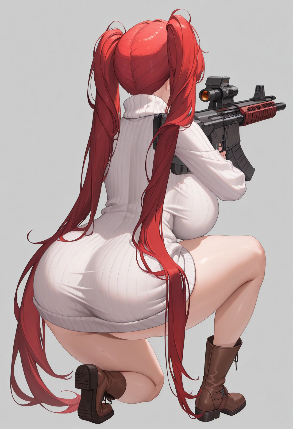 masterpiece, best quality, absurdres, highres, newest, 1girl, solo, <lora:nikke-style-poses-richy-v1_ixl:1> nikkeaiming, full body, from behind, facing away, one knee, assault rifle, aiming, parted lips, red hair, twintails, very long hair, huge breasts, turtleneck sweater, white sweater, ribbed sweater, simple background, thighs, brown boots
